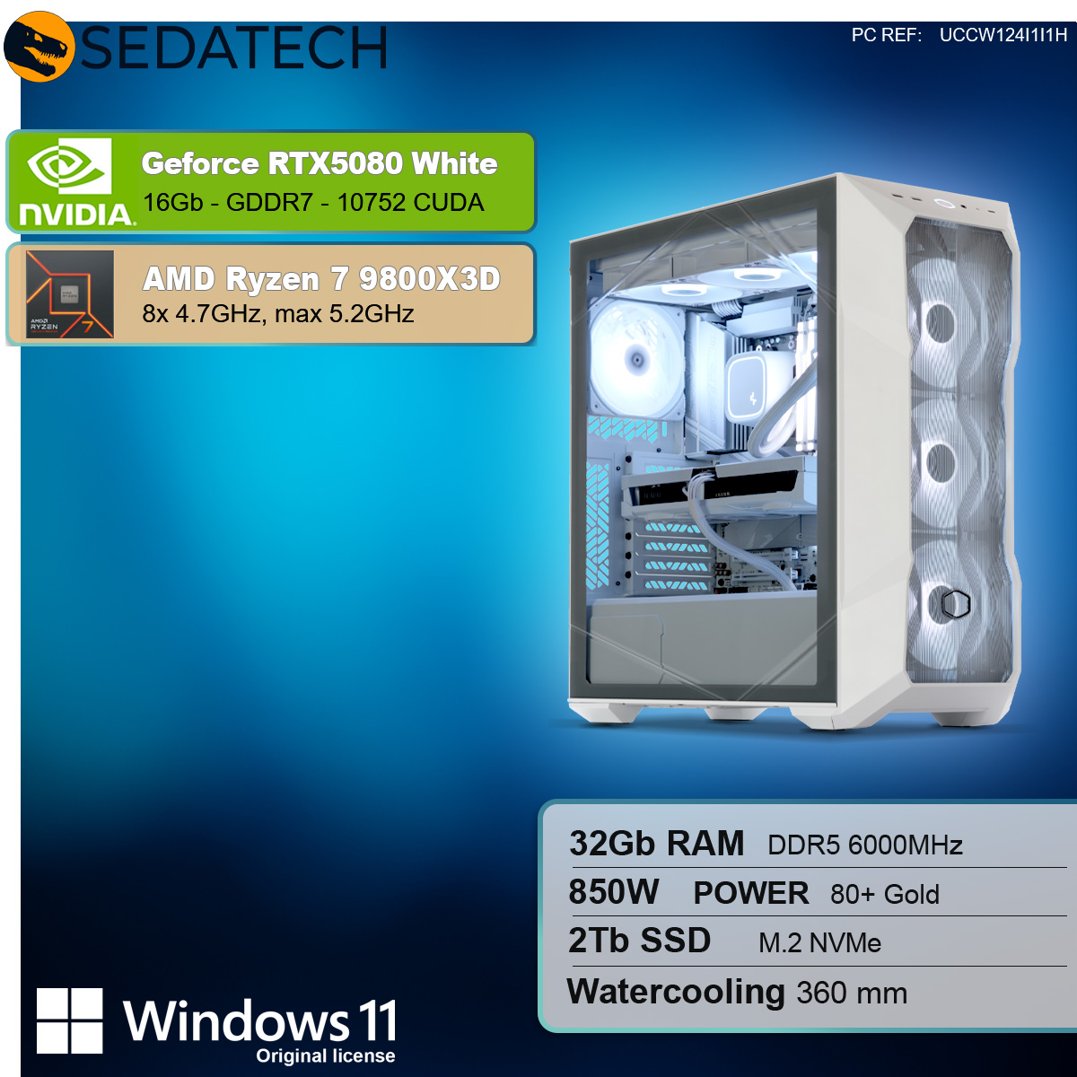 Case PC bianco con componenti all'interno. Elementi grafici blu e bianchi con testo. Sfondo bianco.