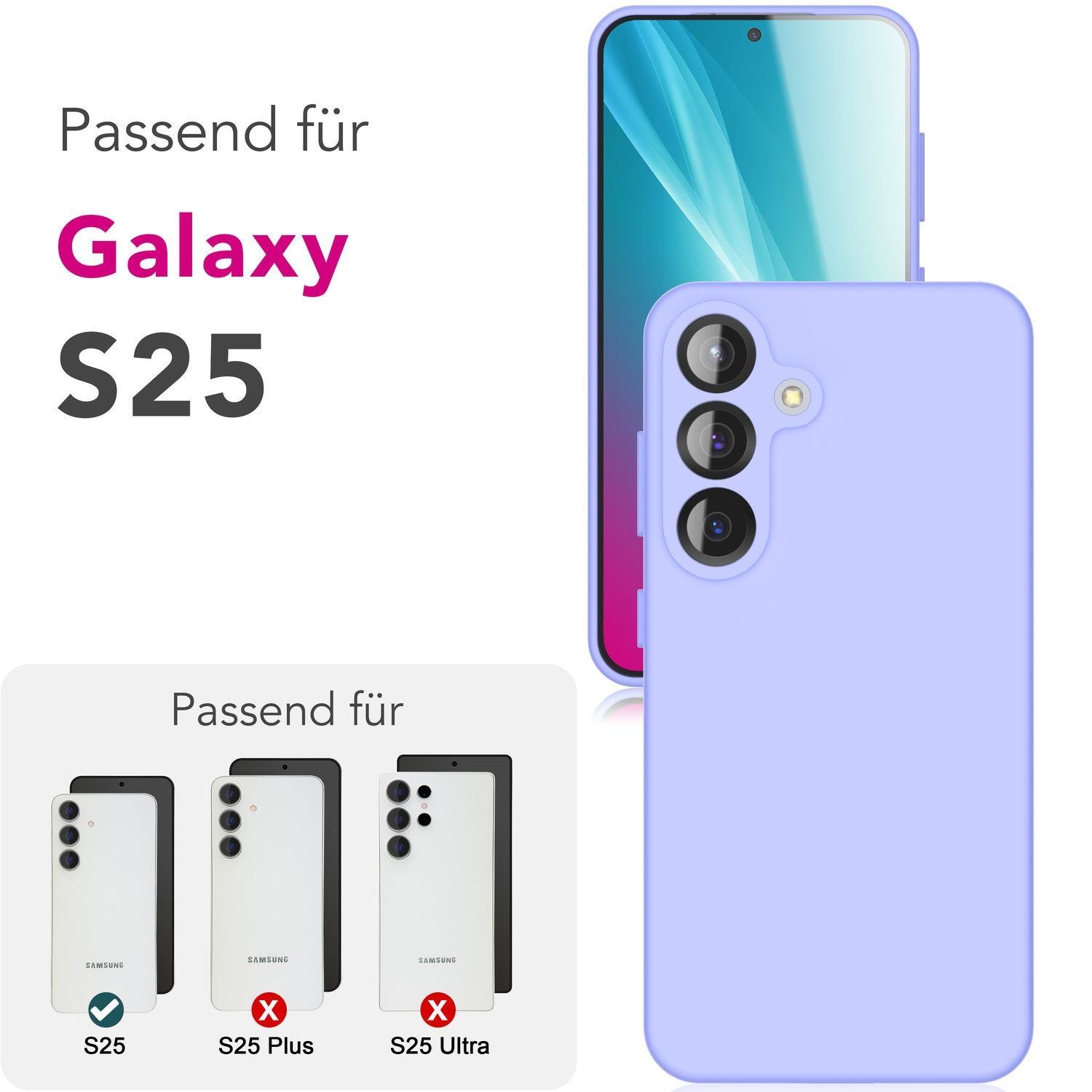 Eine Handyhülle mit Galaxy S25 Text und drei Telefonmodellen. Eines davon ist in einer Hülle.
