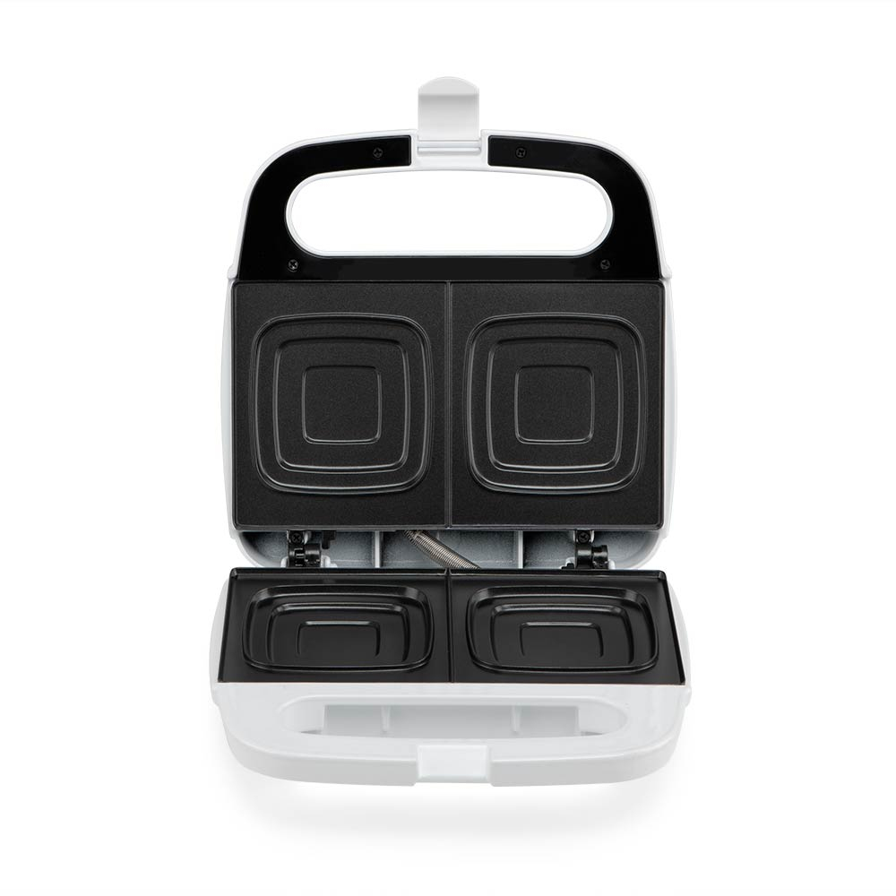 Otwarta opiekacz do kanapek, widok z góry. Dwie kwadratowe powierzchnie do gotowania, czarno-biały design.
