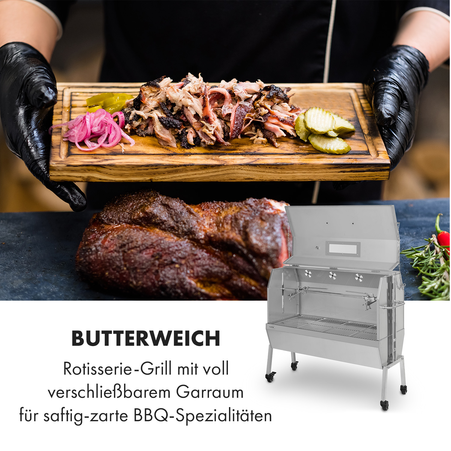 Carne cotta e contorni su tagliere di legno, tenuti da mani guantate, con grill.