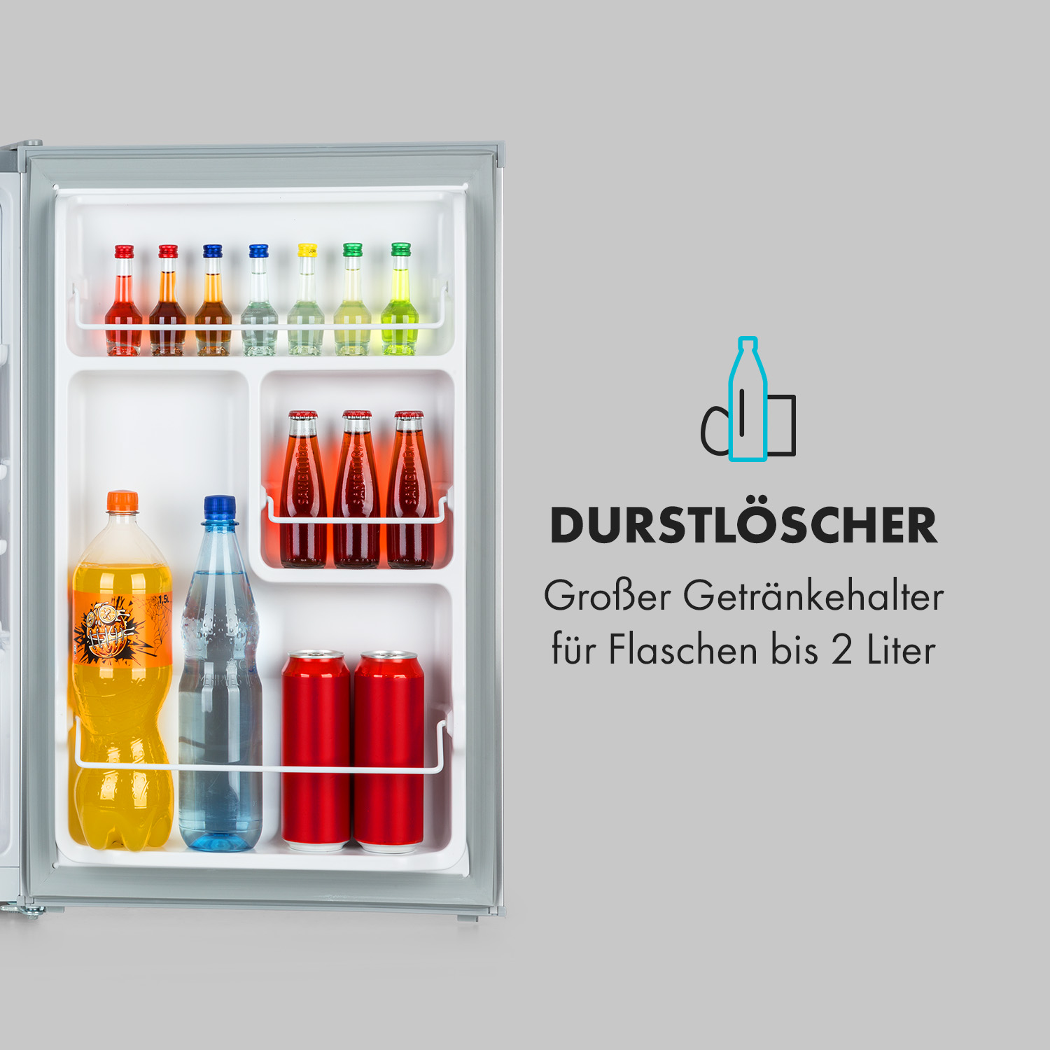 Ein Mini-Kühlschrank mit Getränken und Speisen, mit dem Text 'DURSTLÖSCHER'.