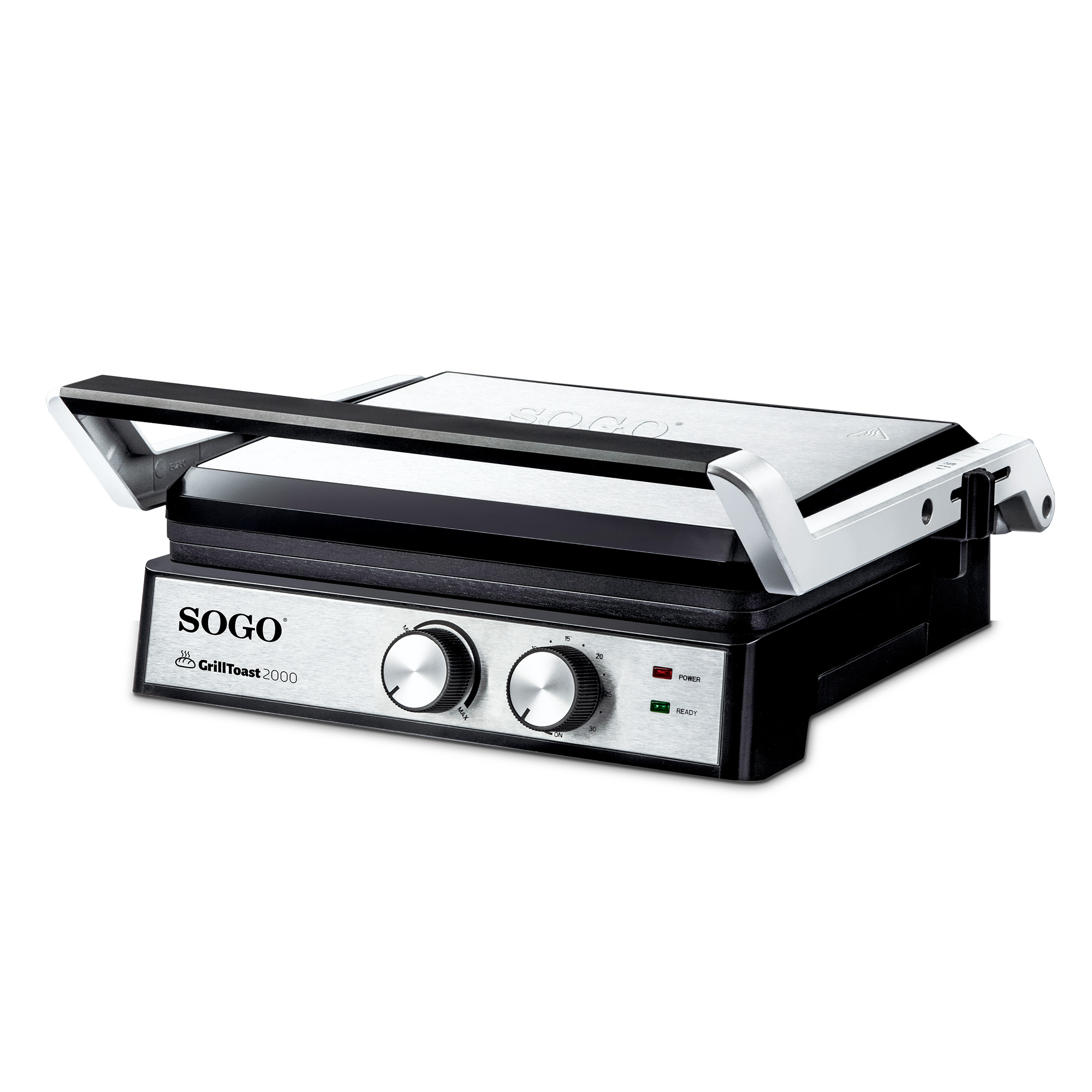 Un SOGO GrillToast 2000 plateado y negro, con dos diales y una luz de listo.
