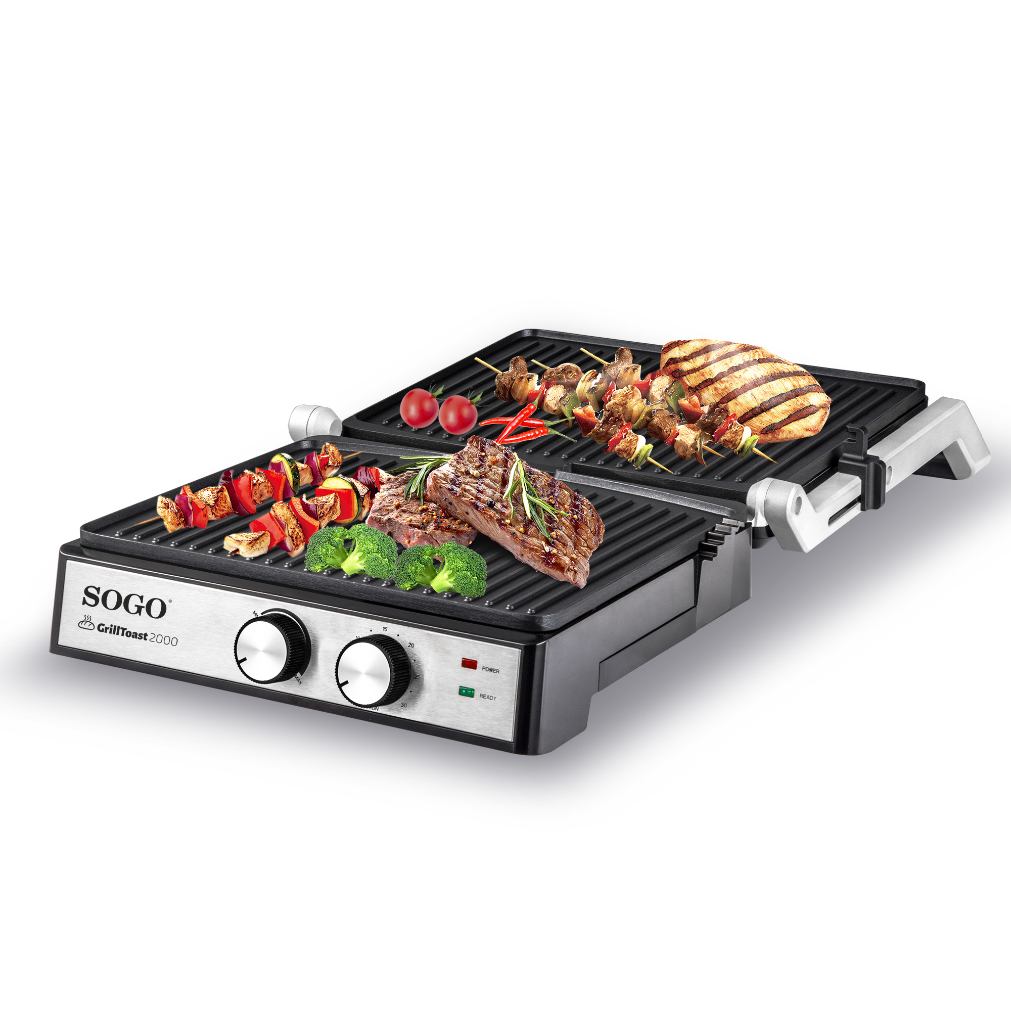Parrilla con comida: bistec, brochetas, verduras y tomates.