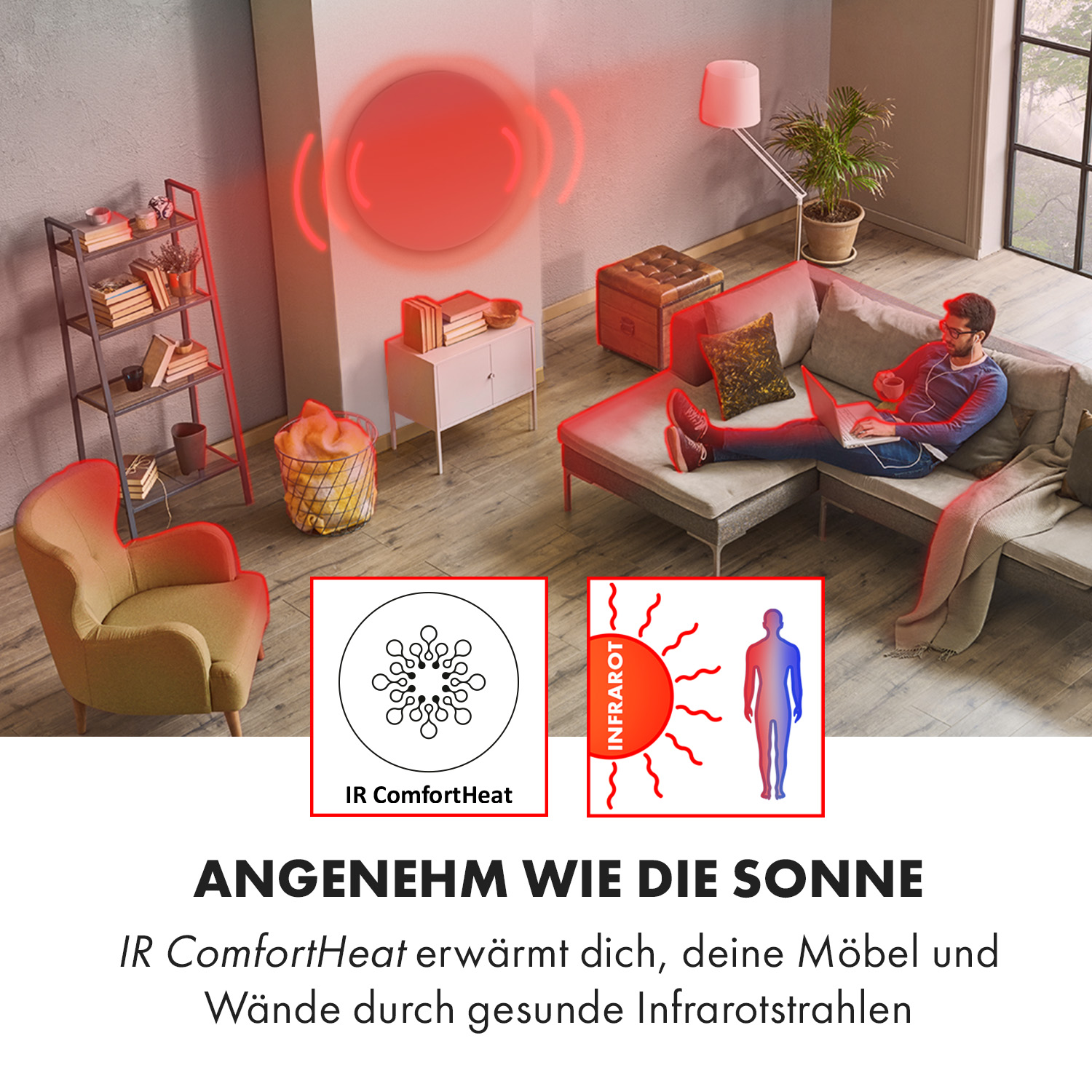 Wohnzimmerszene mit IR-Heizung und Diagrammen, Text: angenehm wie die Sonne.