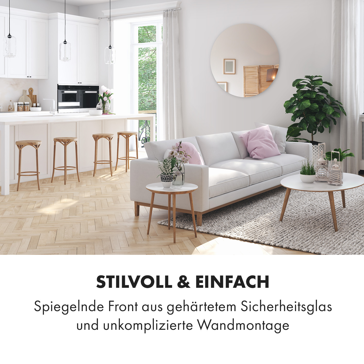 Moderne Küche mit weißen Schränken, Holzboden und einem großen runden Spiegel.