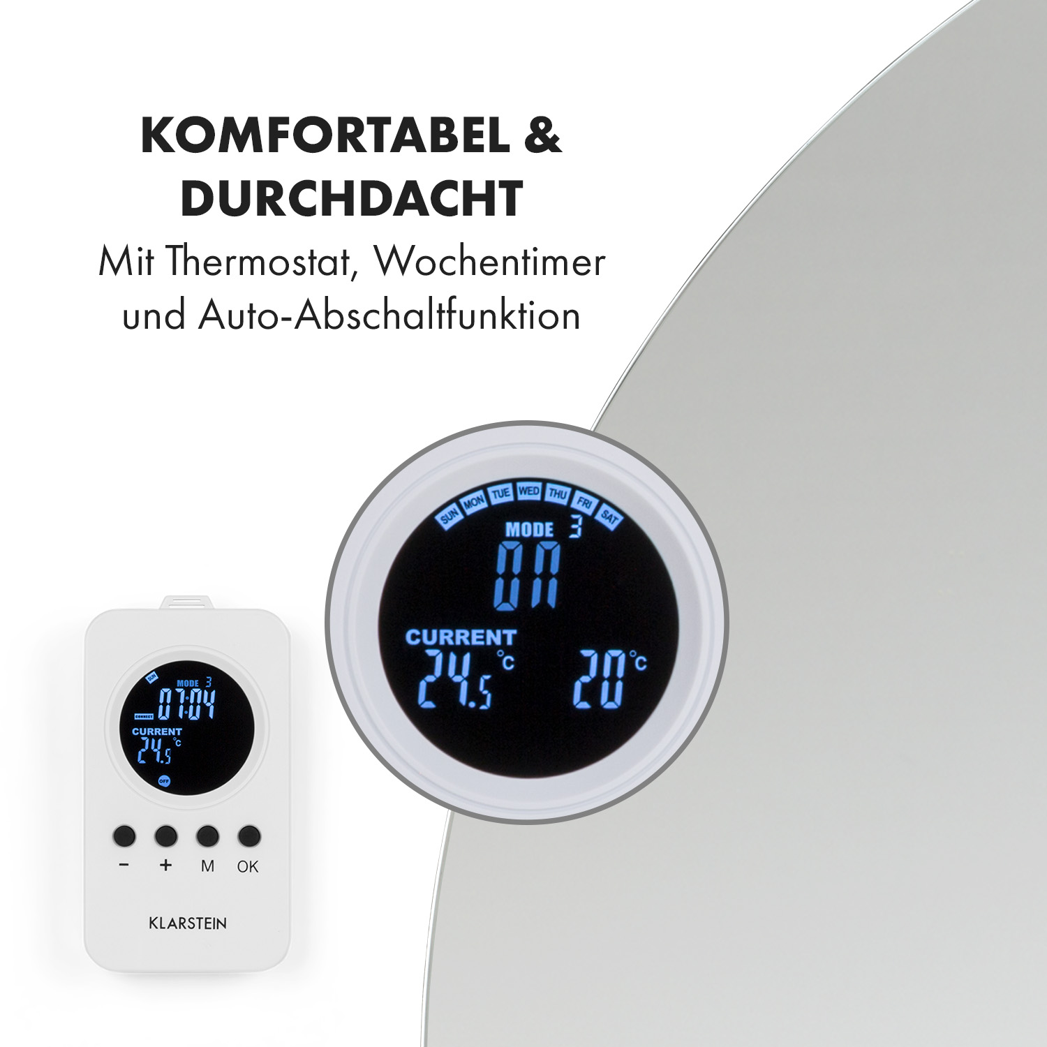 Ein weißes und schwarzes digitales Thermostat mit Bildschirm und Knöpfen.