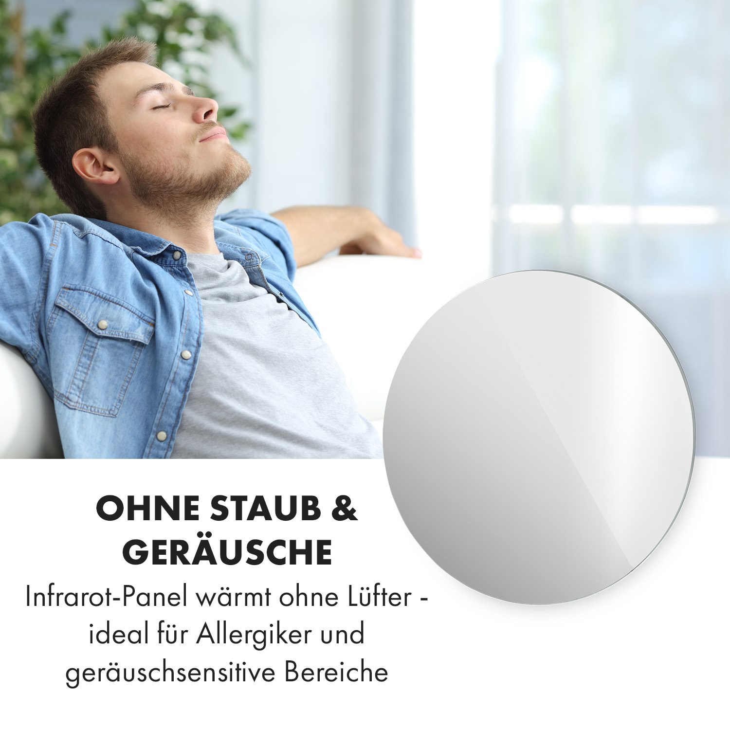 Ein Mann sitzt auf einem weißen Sofa in der Nähe eines runden Spiegels. Es gibt Text über Staub und Geräusche.
