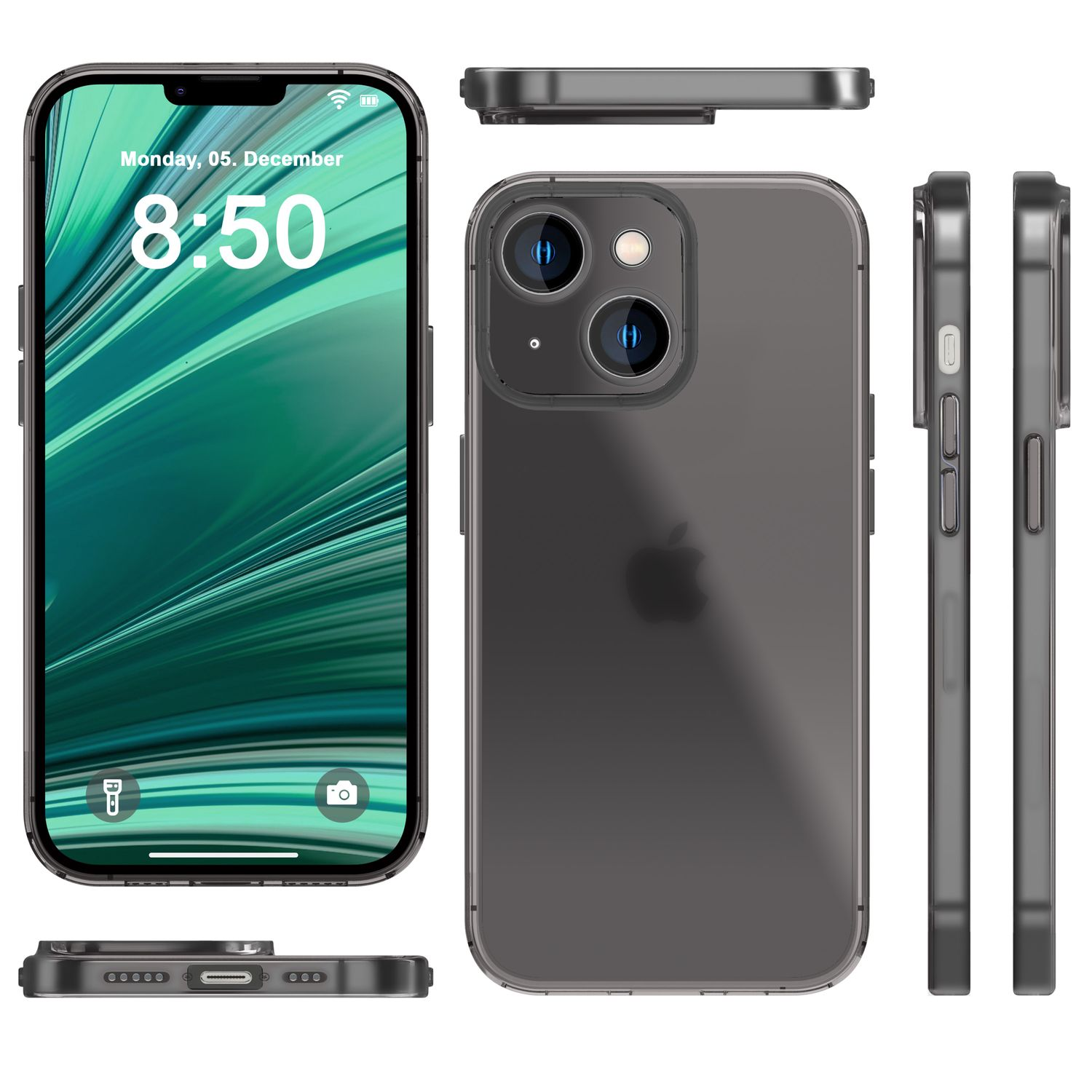 Dunkelgraue Handyhülle mit einem Telefon, das ein grünes Bild anzeigt.