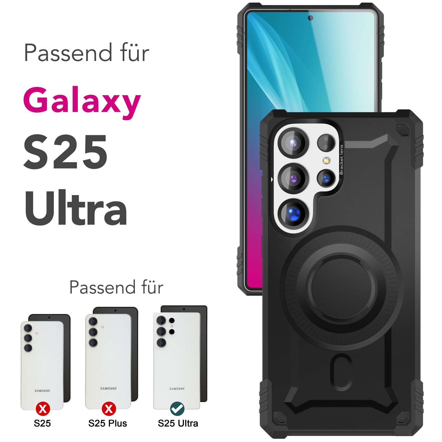 Schwarze Handyhülle mit Telefon und Text für Galaxy S25 Ultra.