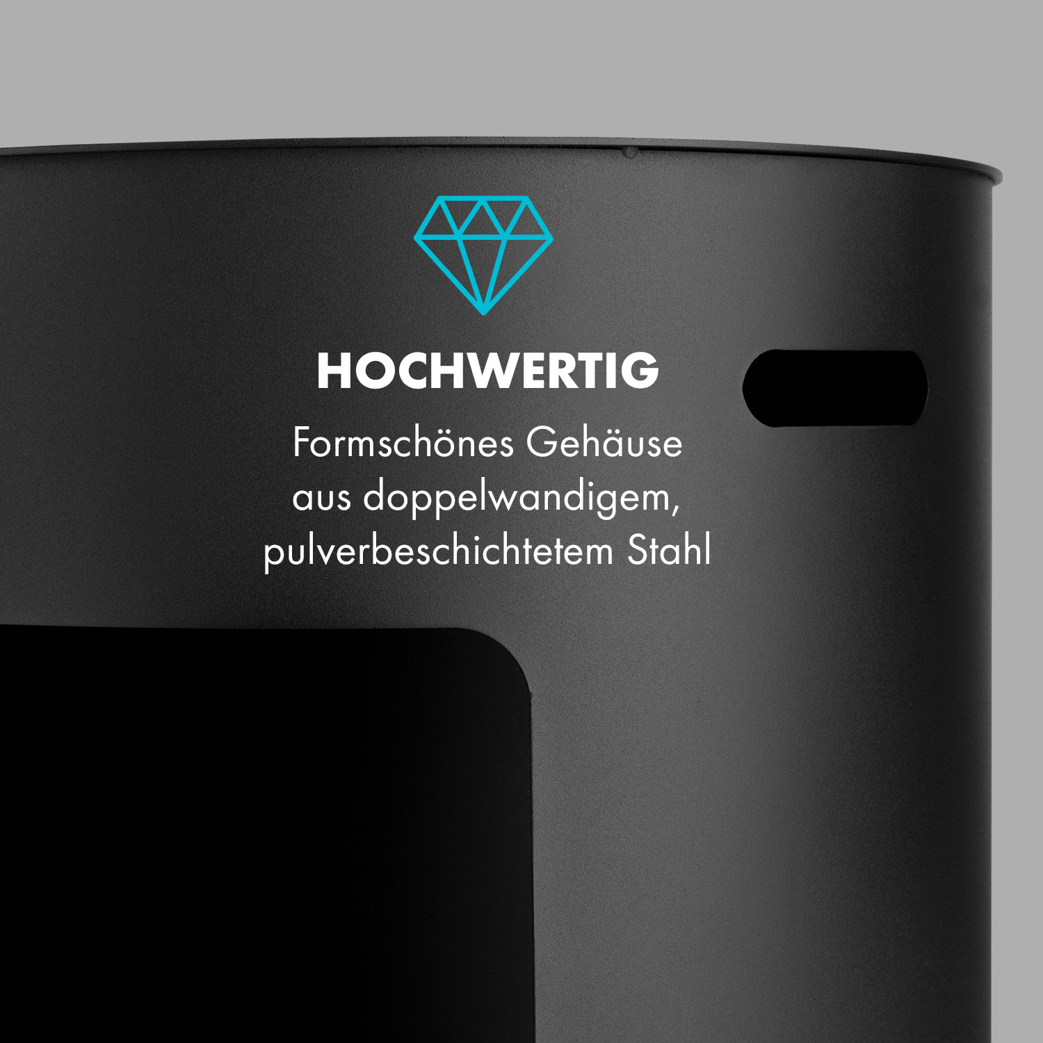 Schwarzer moderner Mülleimer mit Text, Diamantlogo auf grauem Hintergrund.