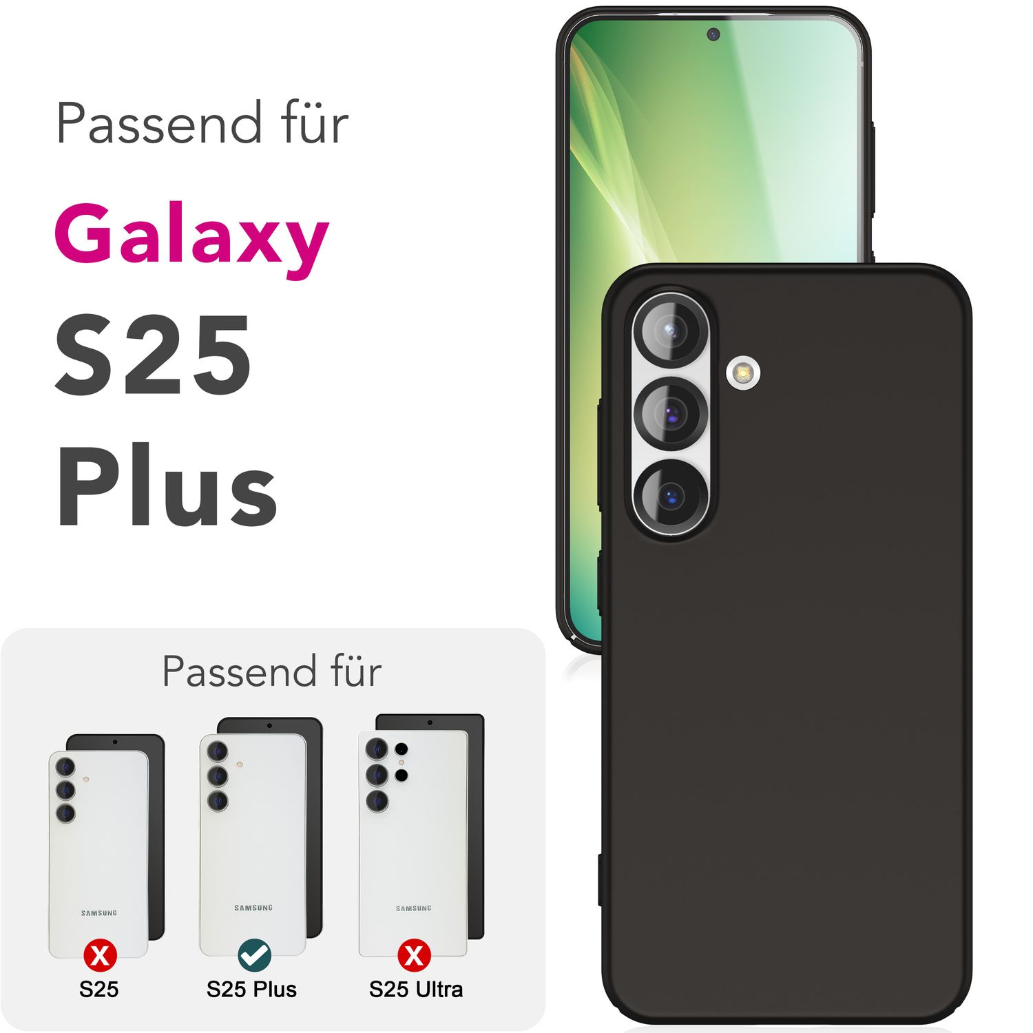 Telefonhüllenverpackung mit einer schwarzen Telefonhülle und verschiedenen Telefonmodellen.