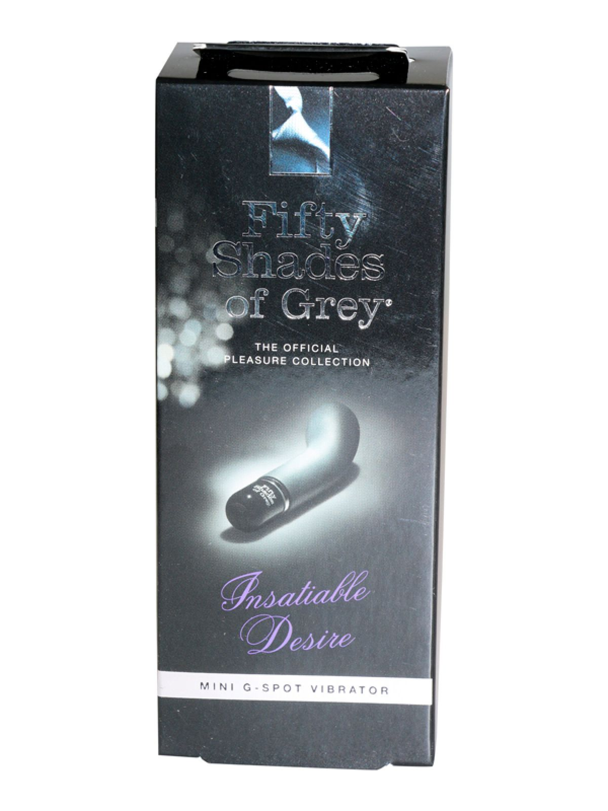 Eine schwarze Schachtel mit den Worten 'Fifty Shades of Grey' und dem Titel 'Insatiable Desire'.
