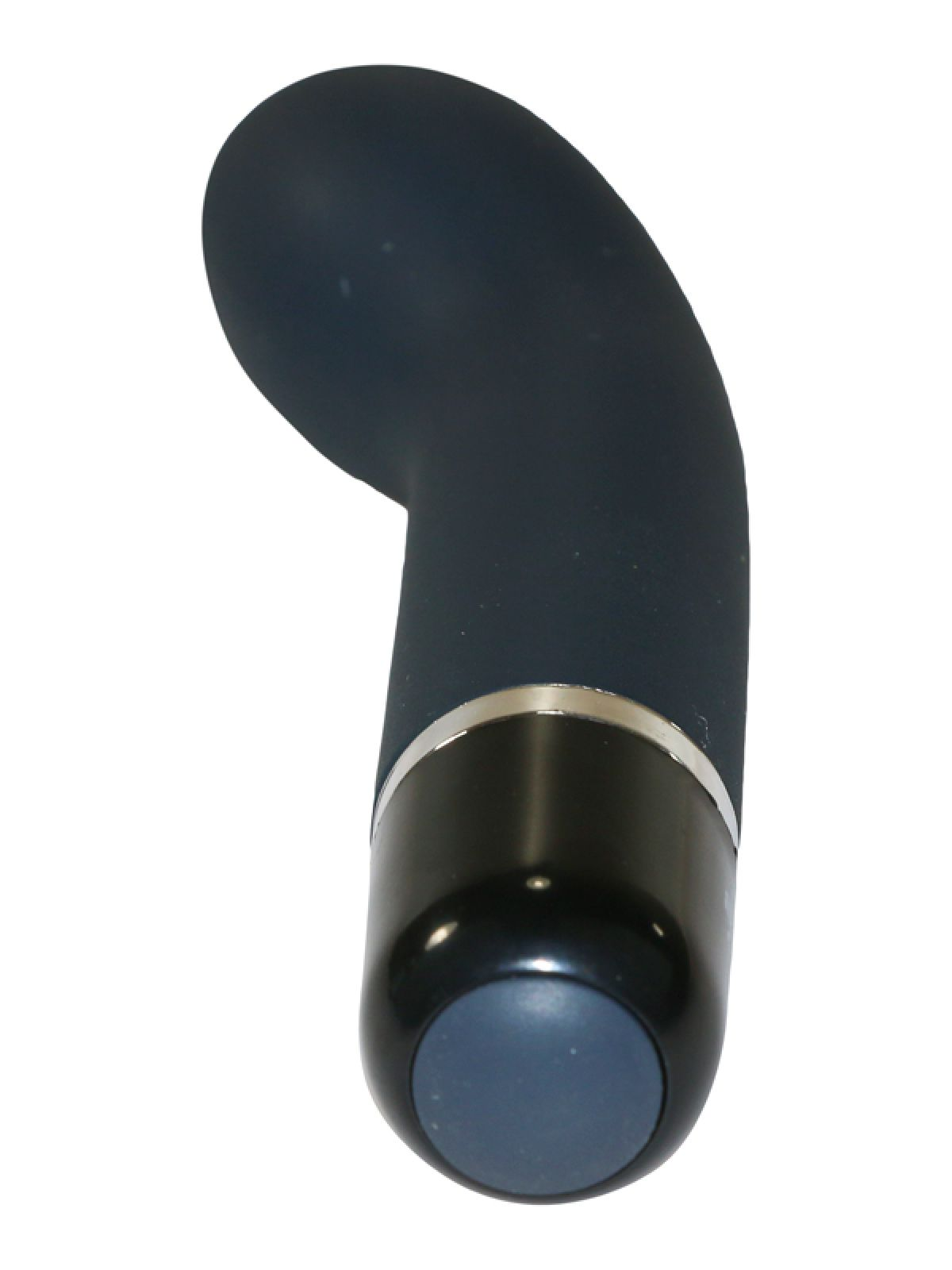 Dunkelblaues Sexspielzeug mit gebogener Form, silbernem Ring und Knopf.