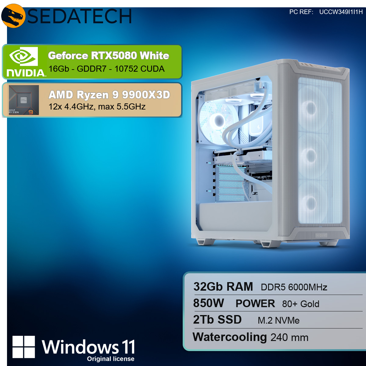 Case PC bianco con componenti. Il testo include Nvidia, AMD Ryzen, Windows 11 e altre specifiche.