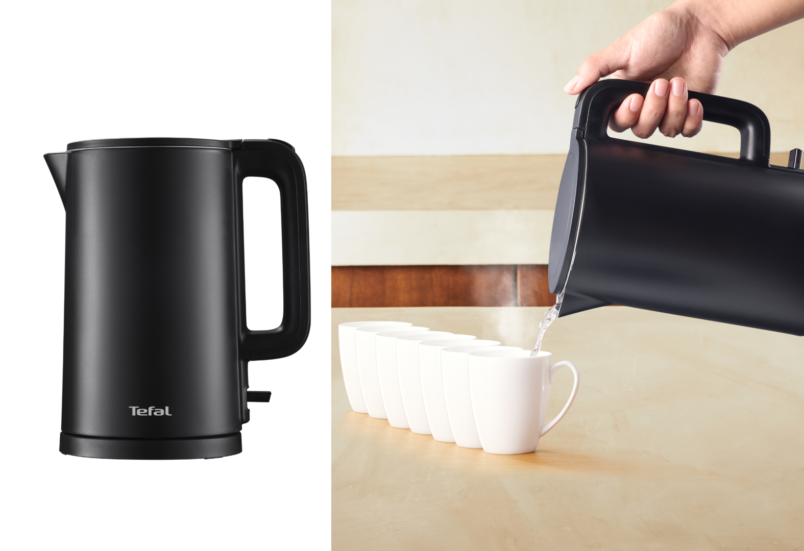 Czajnik elektryczny i osoba nalewająca wodę do kubków.