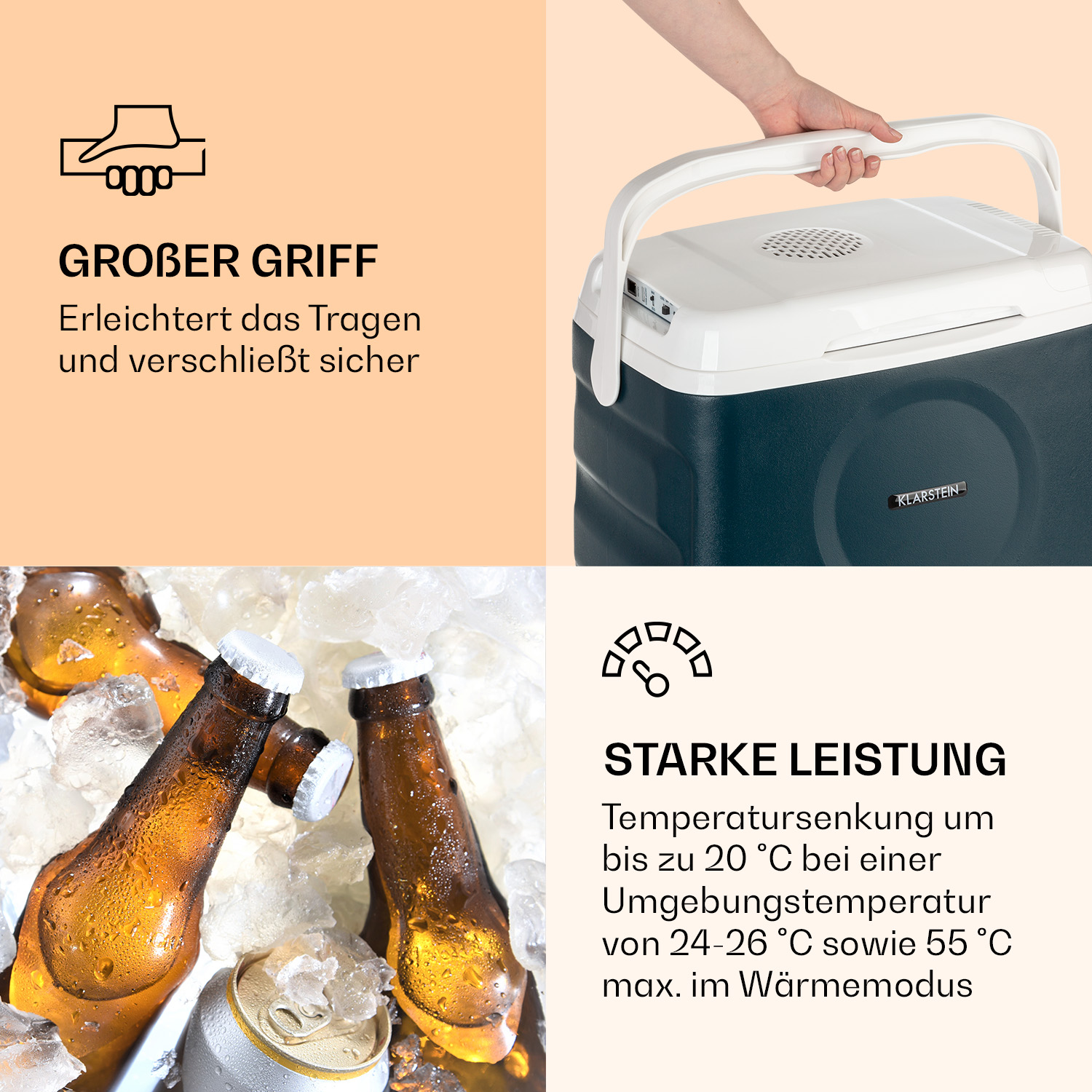 Imagen con nevera, hielo y botellas de cerveza. Texto describe características y rendimiento de la nevera.