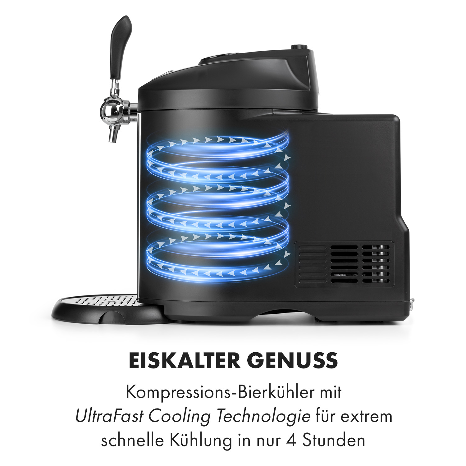 Schwarzer Bierkühler mit Zapfhahn und Grafik, die die Kühlung zeigt. Text: Eisklater Genuss, UltraFast Cooling.