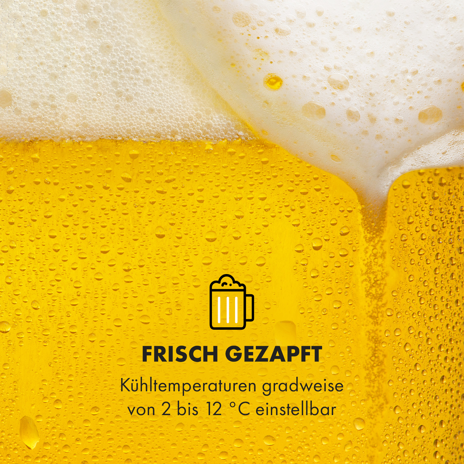 Nahaufnahme eines Bieres mit Schaum. Der Text 'Frisch gezapft' wird angezeigt.