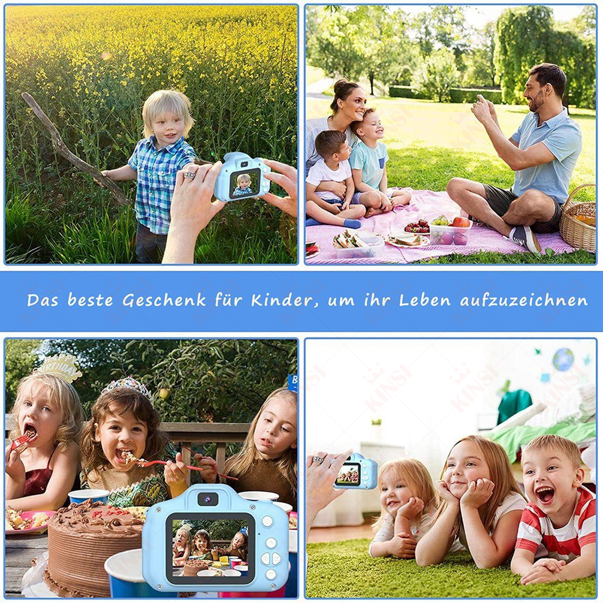 Cztery zdjęcia dzieci używających aparatów. Dzieci bawią się aparatem, jedzą ciasto i pozują z rodziną.