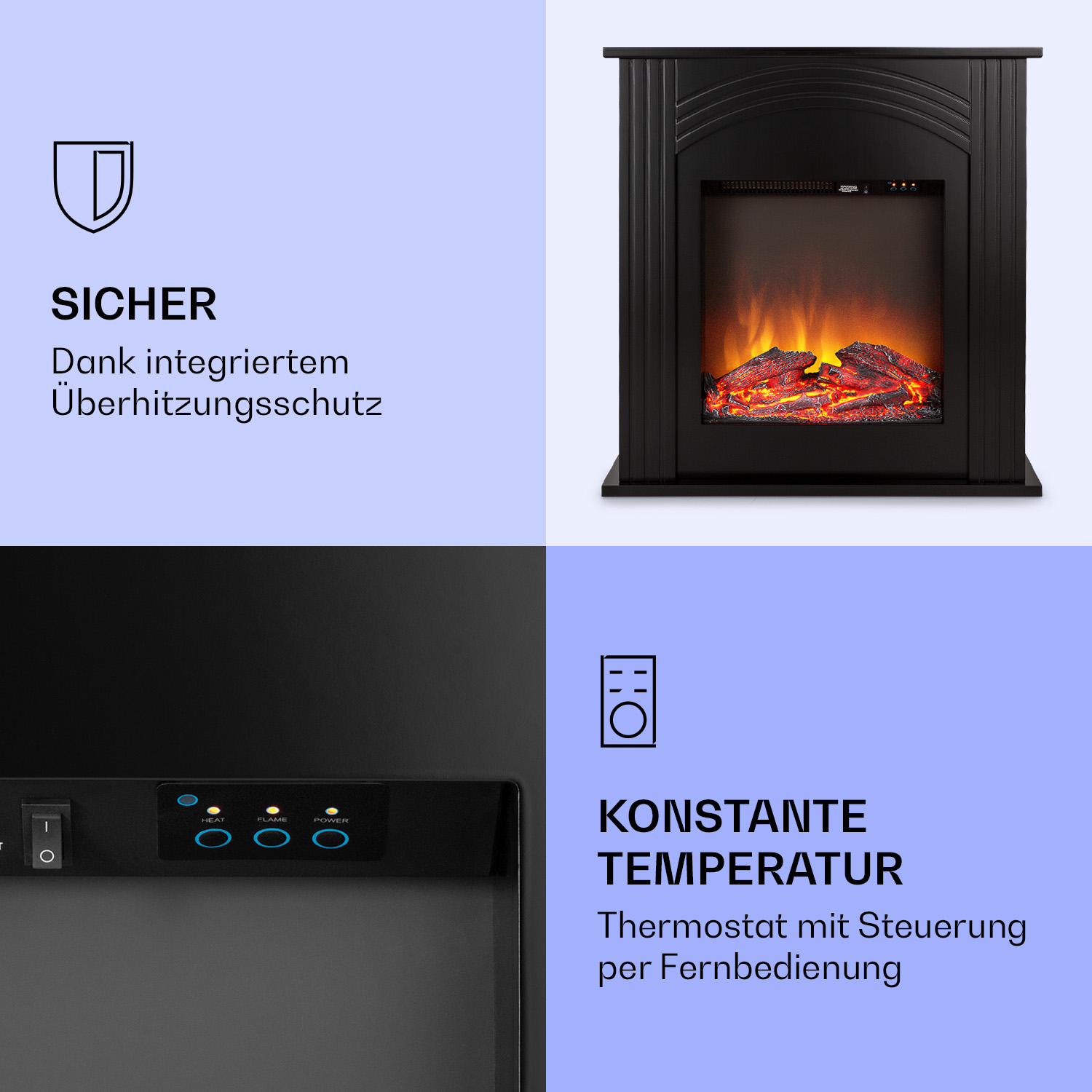 Schwarzer Kamin mit Flammen. Textblöcke sind 