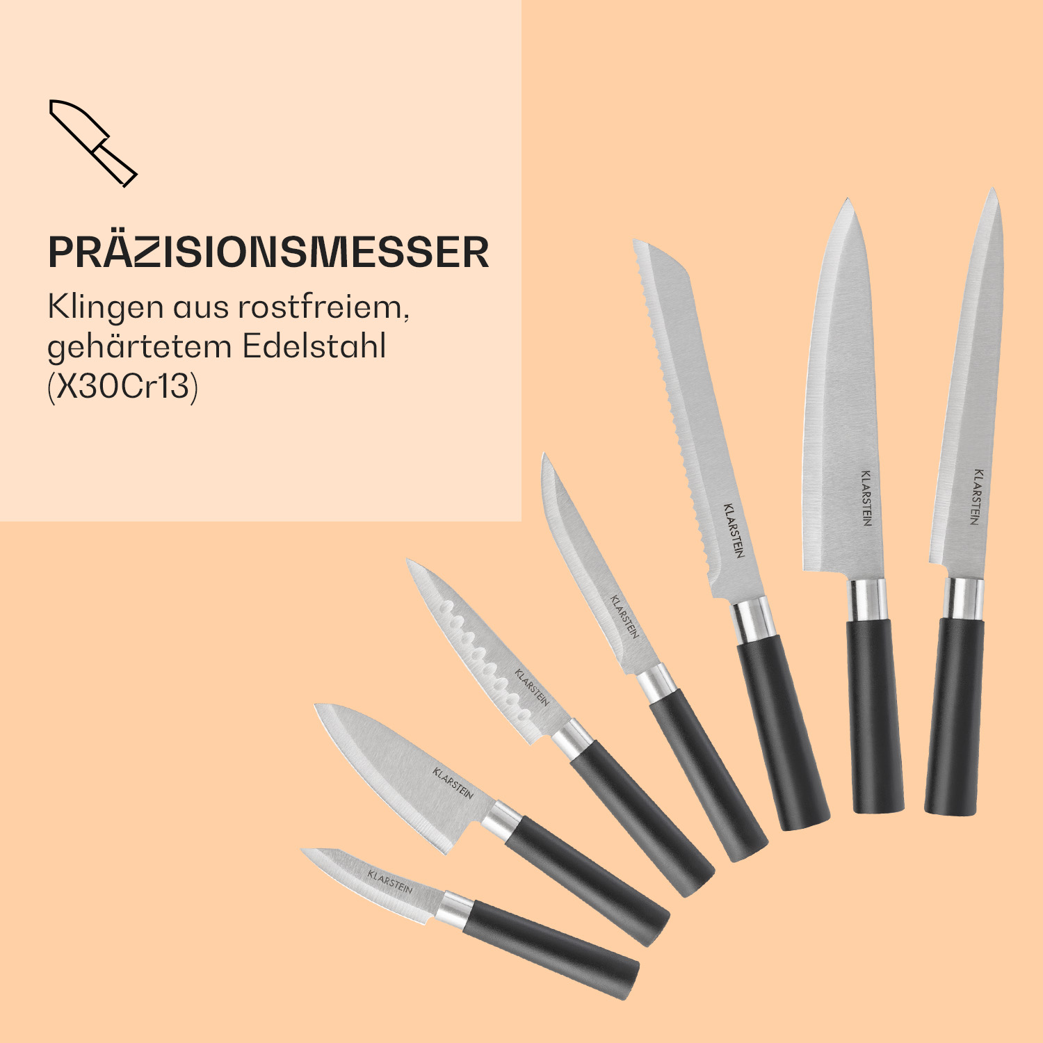 Messerset auf hellem Hintergrund. Text: 'PRÄZISIONSMESSER' und 'KLARSTEIN'.