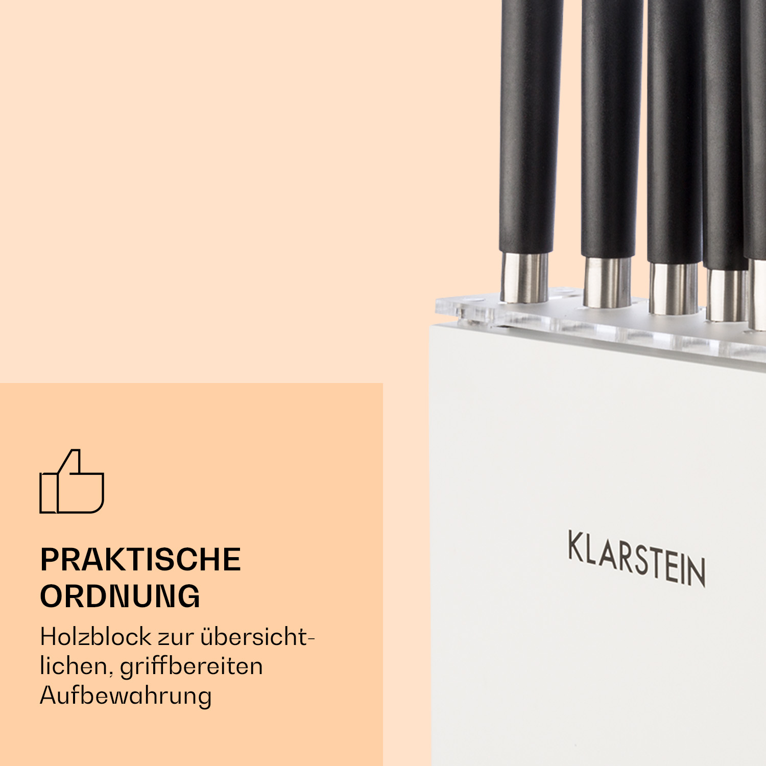 Messer-Set mit weißem Halter. Text: 'PRAKTISCHE ORDNUNG' und 'KLARSTEIN'.