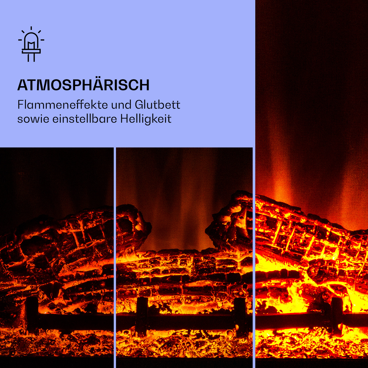 Tre pannelli che mostrano un caminetto con braci e fiamme incandescenti. Sfondo blu e scuro.