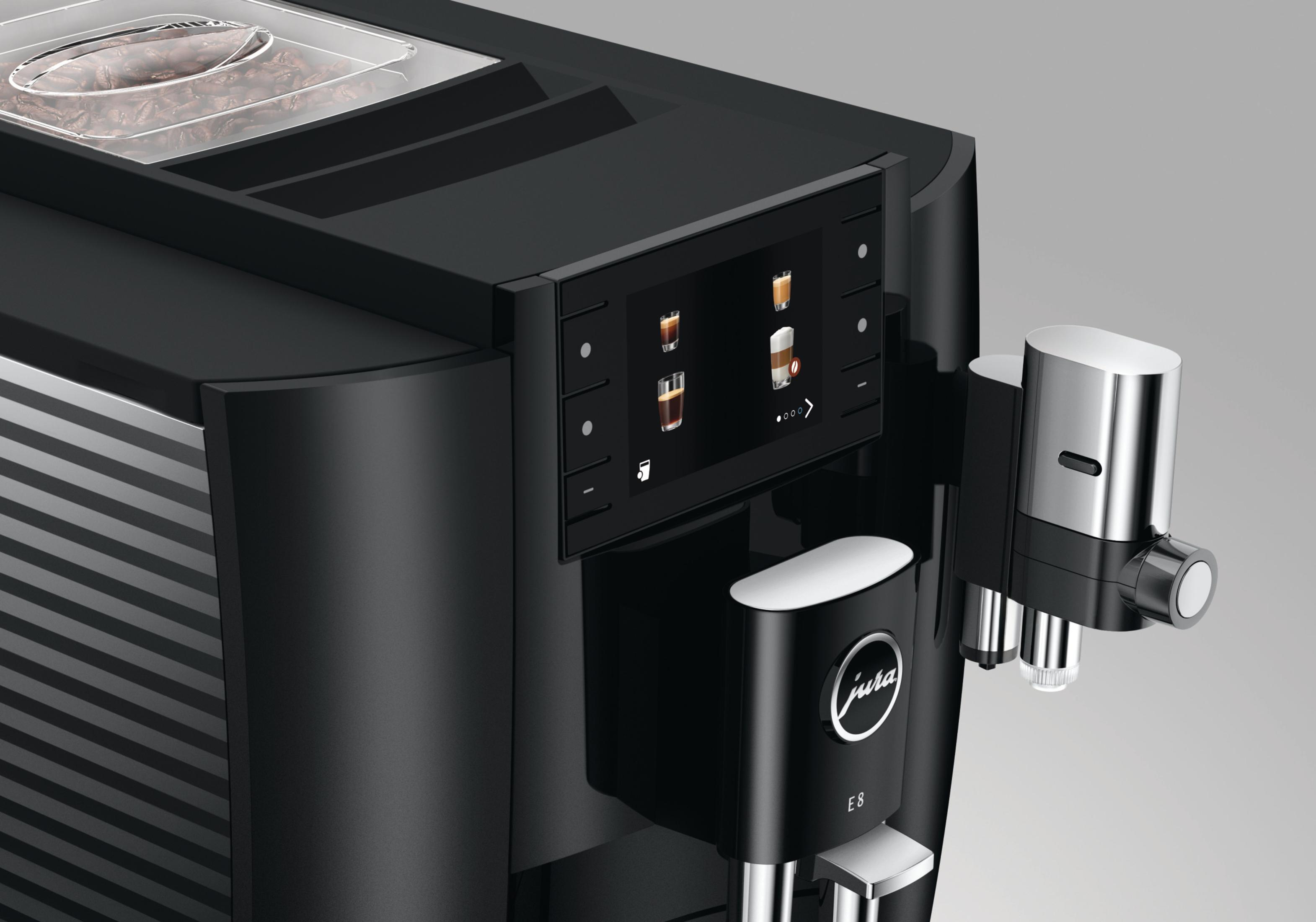 Czarny ekspres do kawy z ekranem dotykowym.