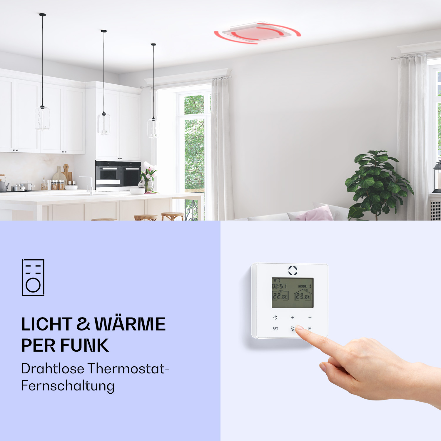 Una stanza con una luce a soffitto e un termostato toccato da una mano.