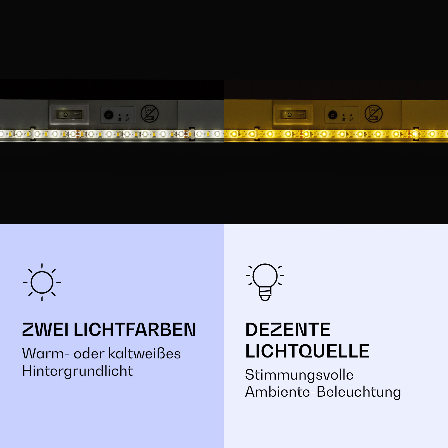 Una striscia di LED, metà bianca e metà gialla, con testo su due colori di luce.