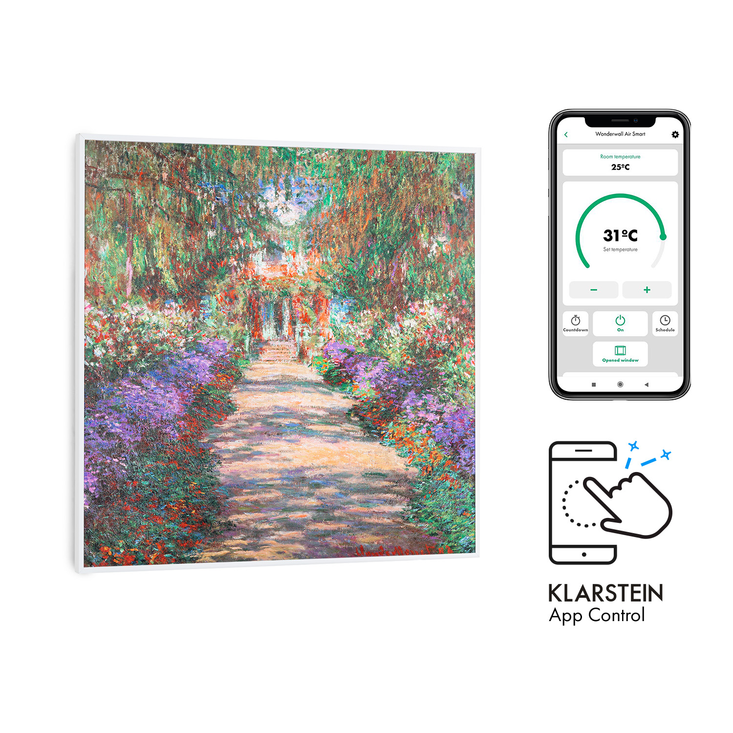 Un dipinto di un sentiero in un giardino con uno smartphone che mostra un'interfaccia di casa intelligente.