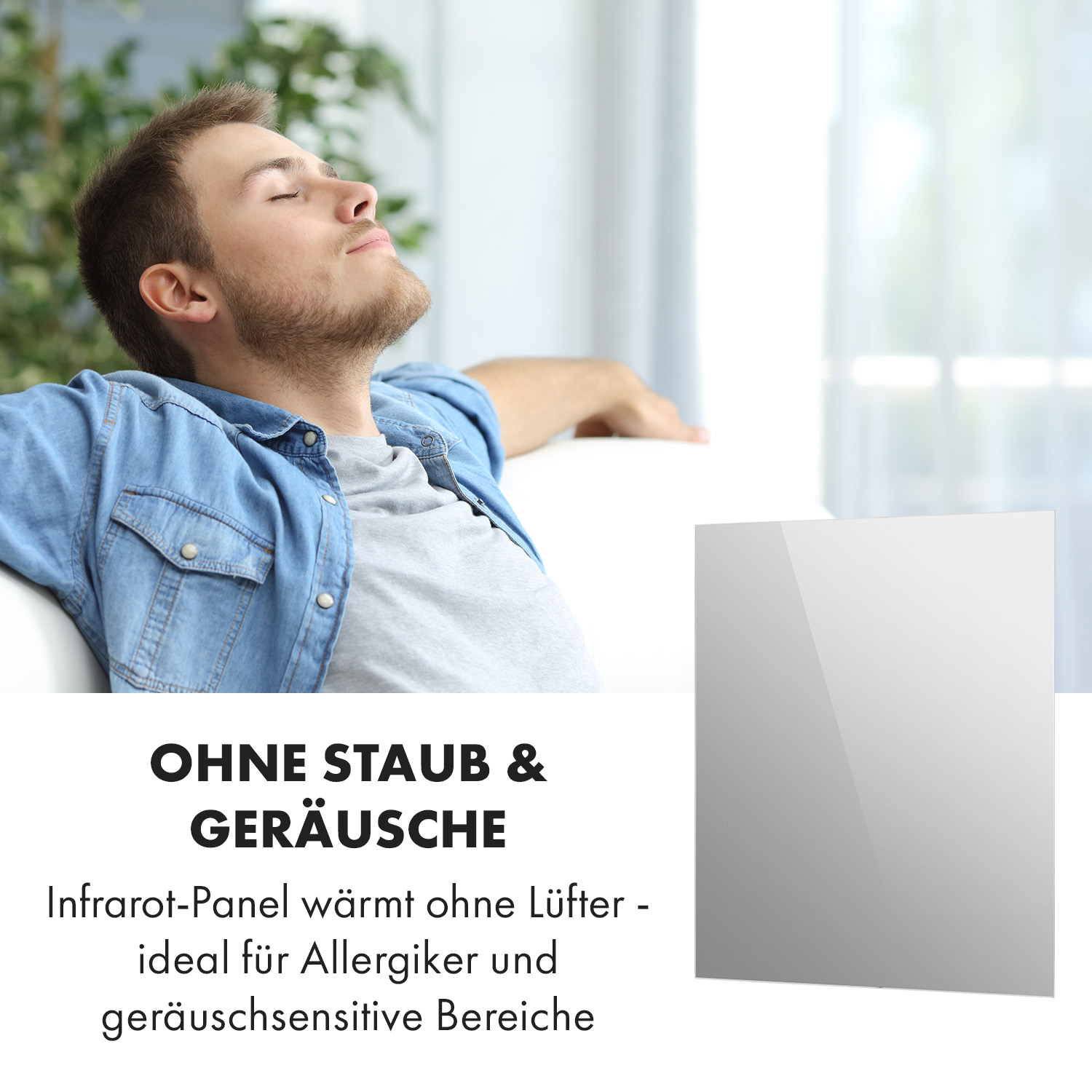 Ein Mann entspannt sich auf einem Sofa, rechts ein Glaspaneel, darunter Text.