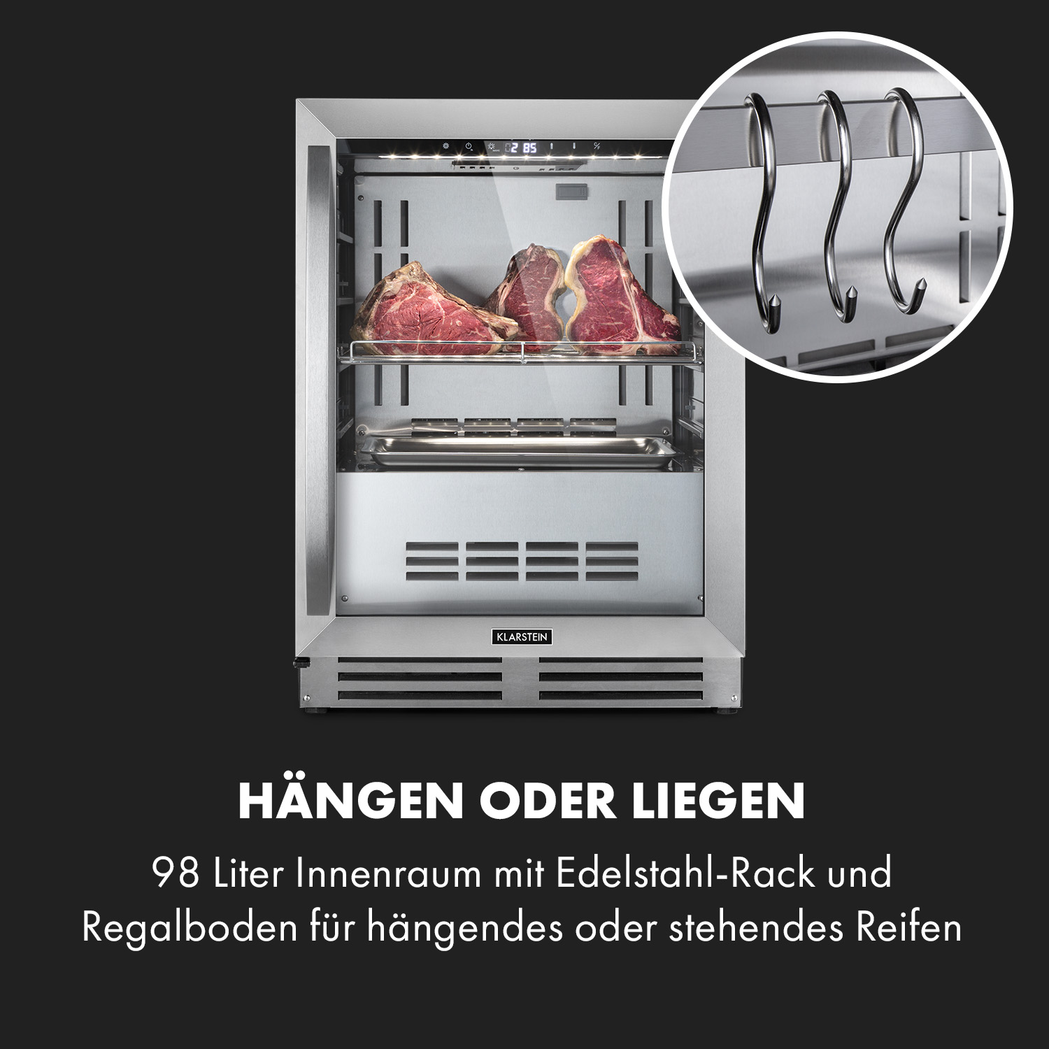 Ein Edelstahlschrank mit Fleisch und Nahaufnahme von Haken, mit Textüberlagerung.