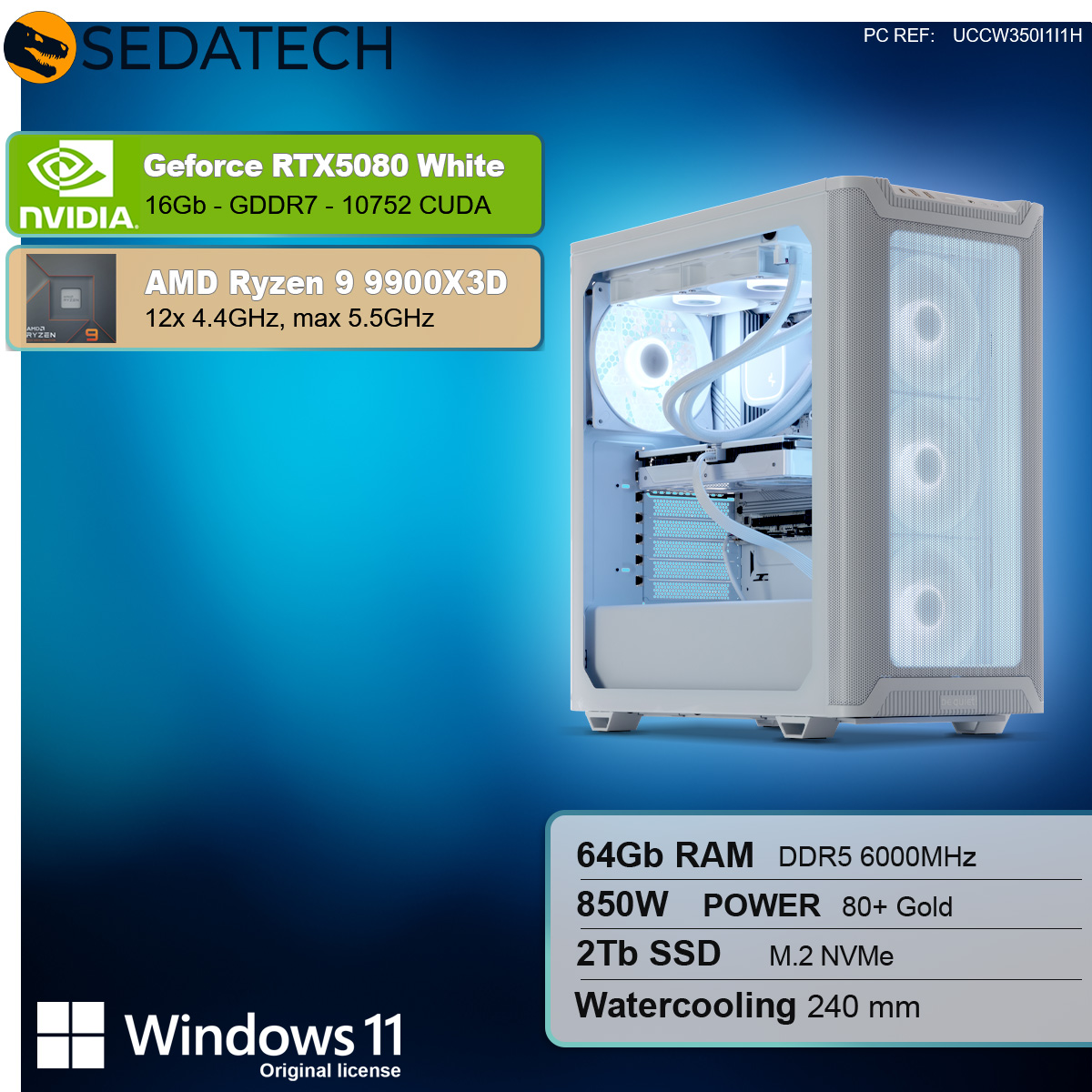 Un case per computer bianco con componenti interni. Specifiche a sinistra.