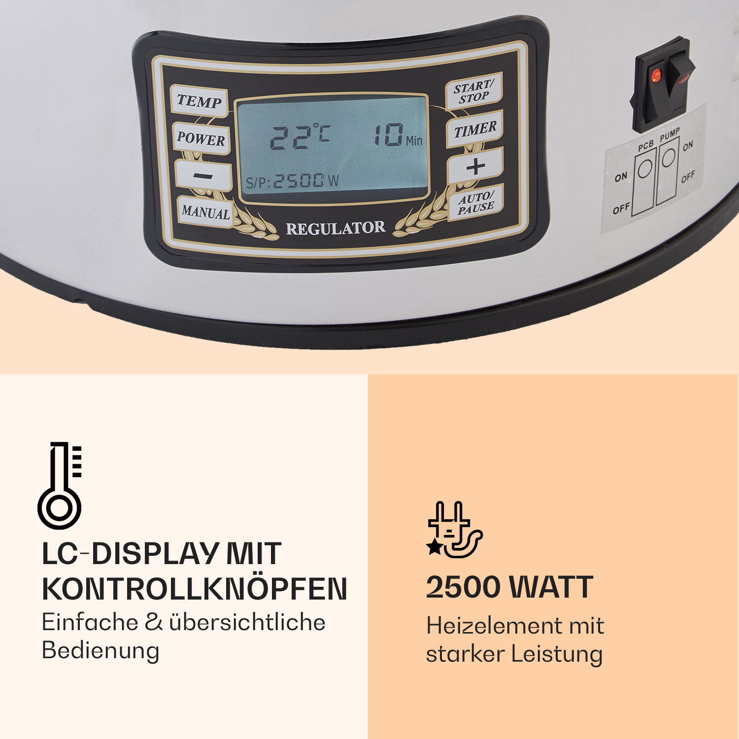 Regolatore bianco e argento con display LCD. Mostra impostazioni di temperatura e timer.