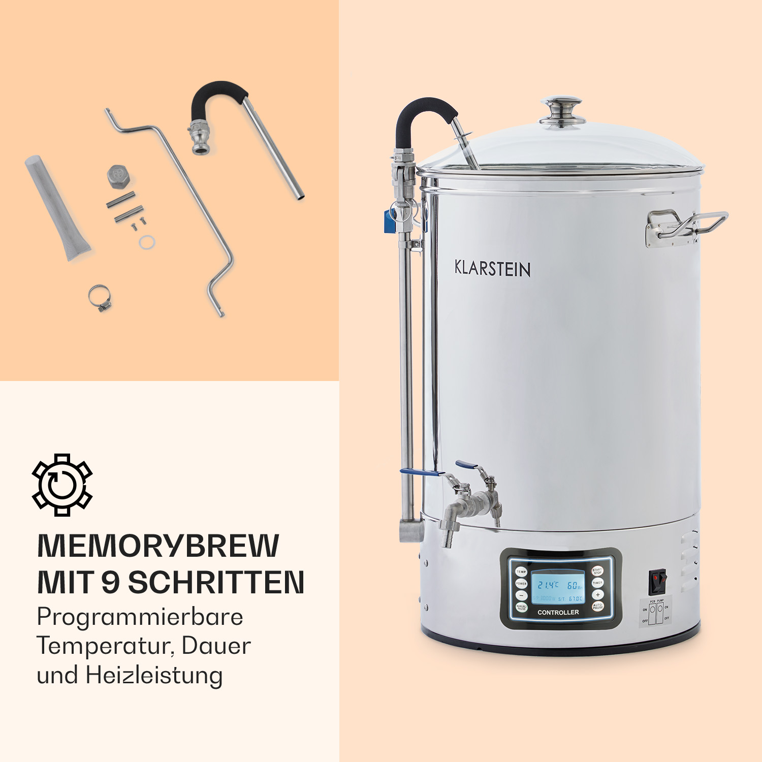 Macchina per la produzione di birra bianca con accessori. Sovrapposizione di testo: 'MEMORYBREW MIT 9 SCHRITTEN'. Sfondo beige.