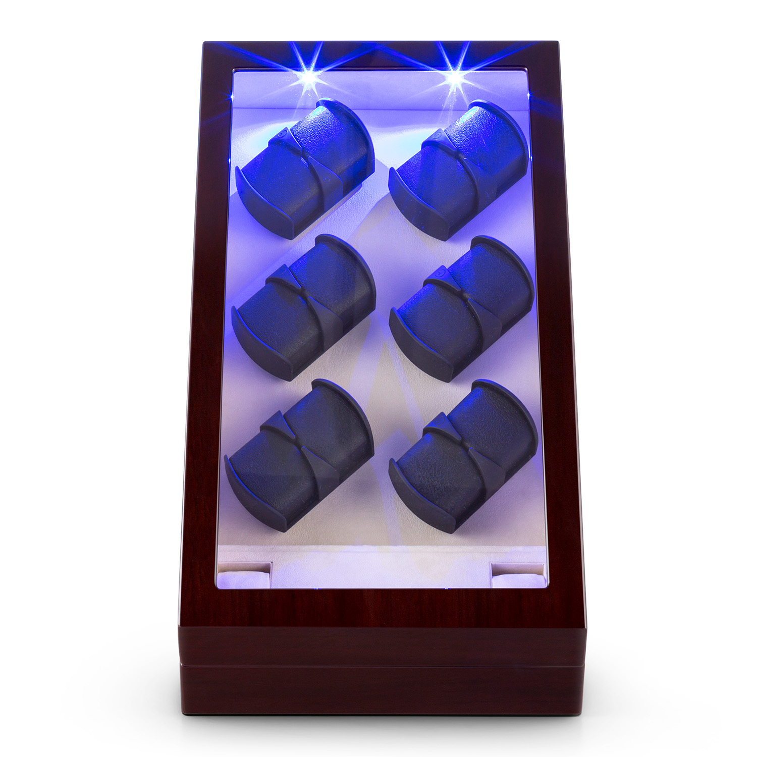Uhrenvitrine aus Holz mit sechs Uhrenhaltern. Blaue LED-Leuchten beleuchten den Innenraum.