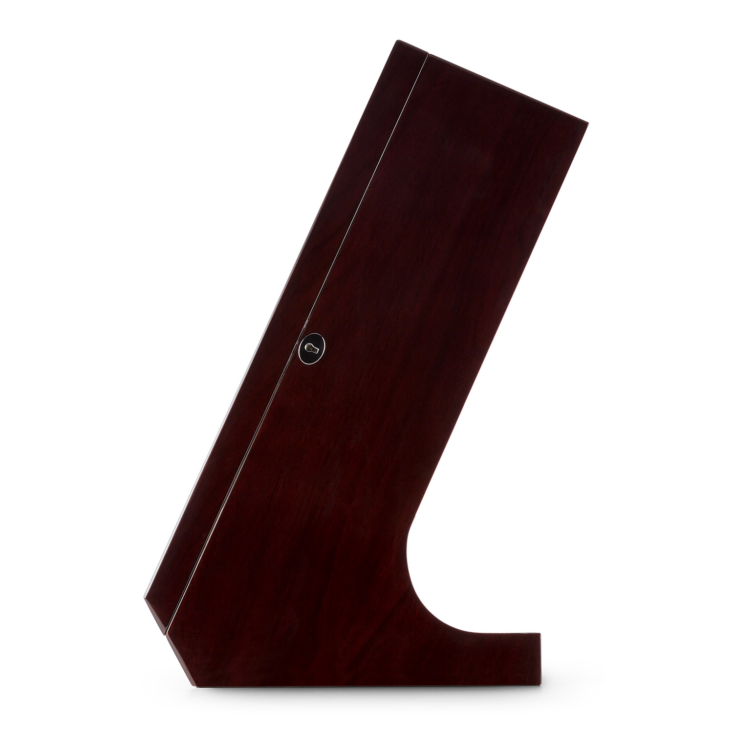 Uhrenbeweger aus Holz in angewinkelter Position. Die Seite zeigt einen kleinen runden Knopf.
