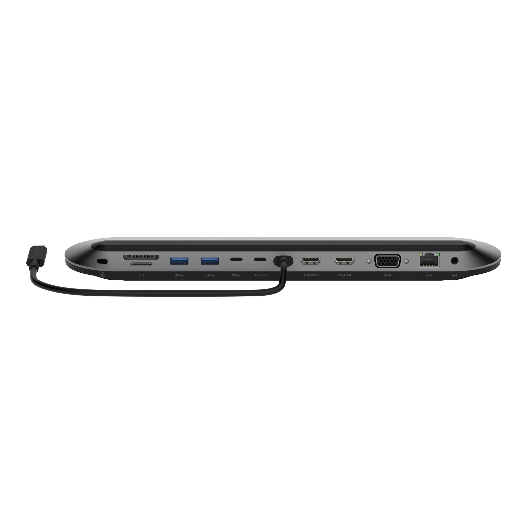 Schwarzer Hub mit mehreren Anschlüssen, Kabel angeschlossen. Weißer Hintergrund. Verschiedene Anschlusstypen sichtbar.