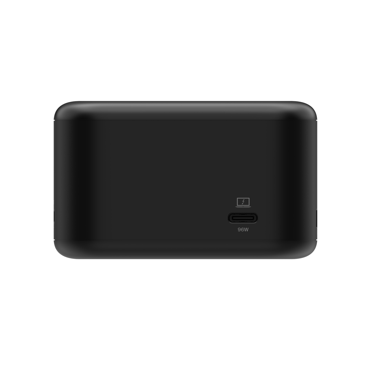 Un adattatore di alimentazione nero con una porta USB-C e una piccola icona a forma di fulmine, su sfondo bianco.