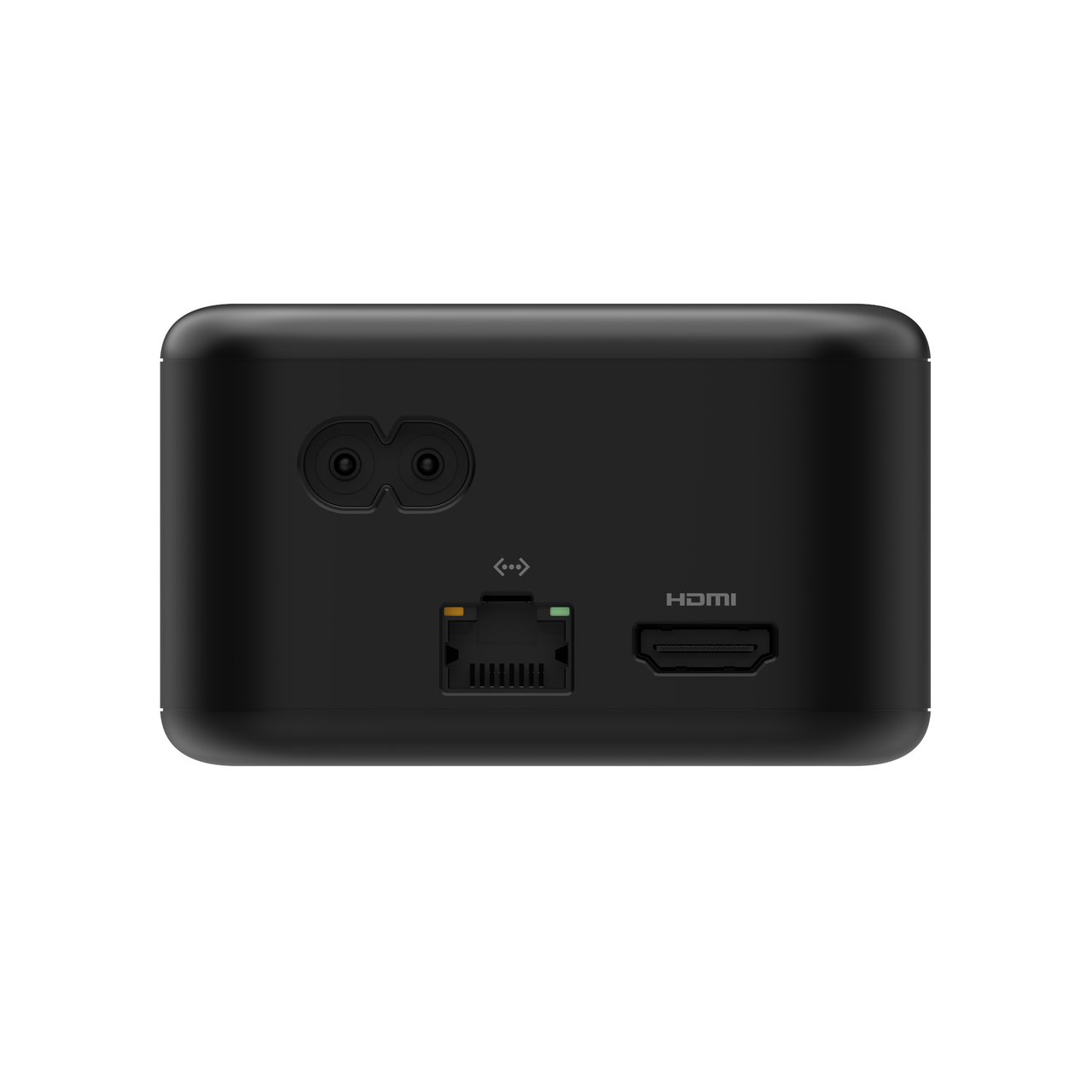 Un dispositivo nero con porte HDMI, Ethernet e di alimentazione. È su uno sfondo bianco.