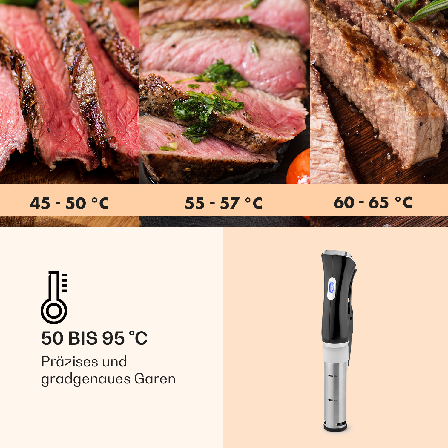 Carne cotta a fette a diverse temperature, con un dispositivo di cottura.