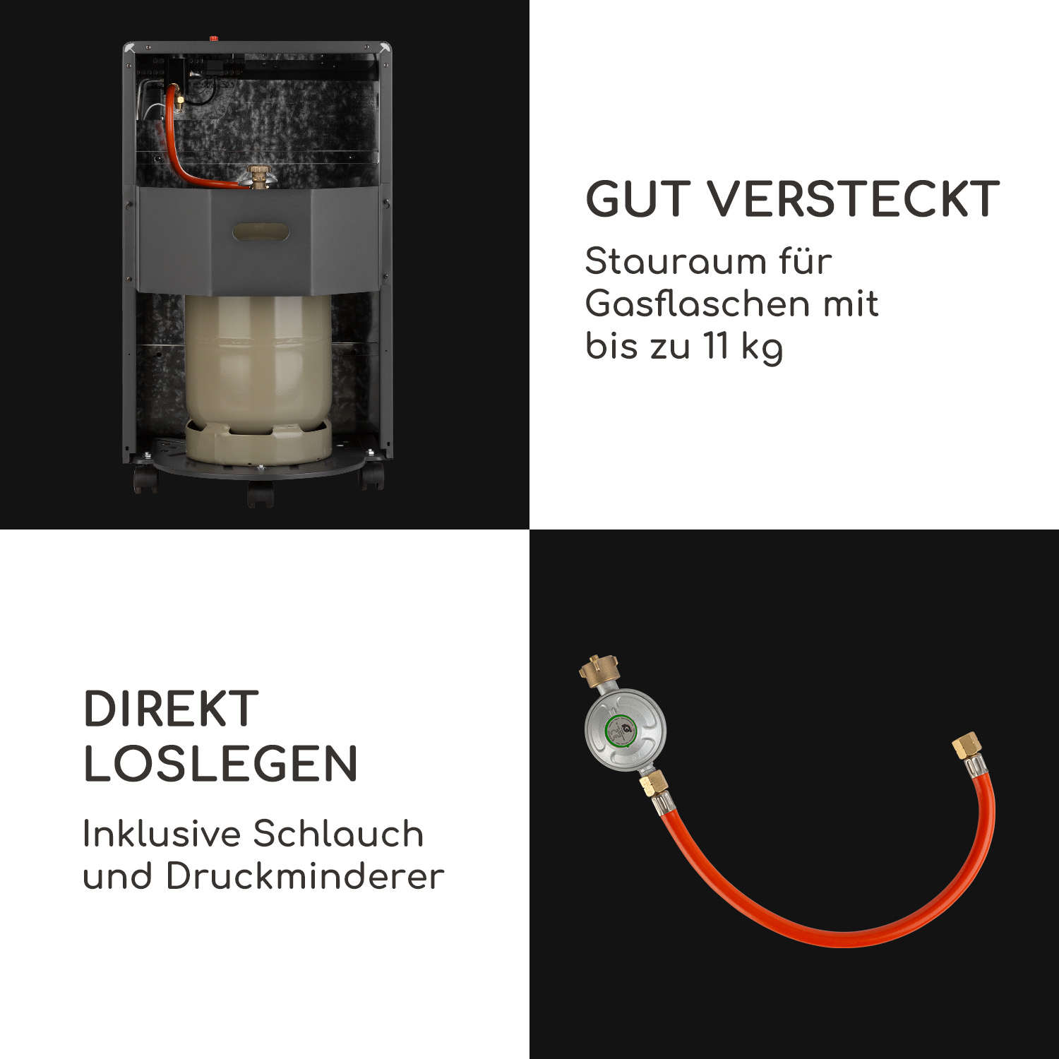 Ein Gaszylinderheizer mit Tank im Inneren und eine separate Gasschlauchbaugruppe.