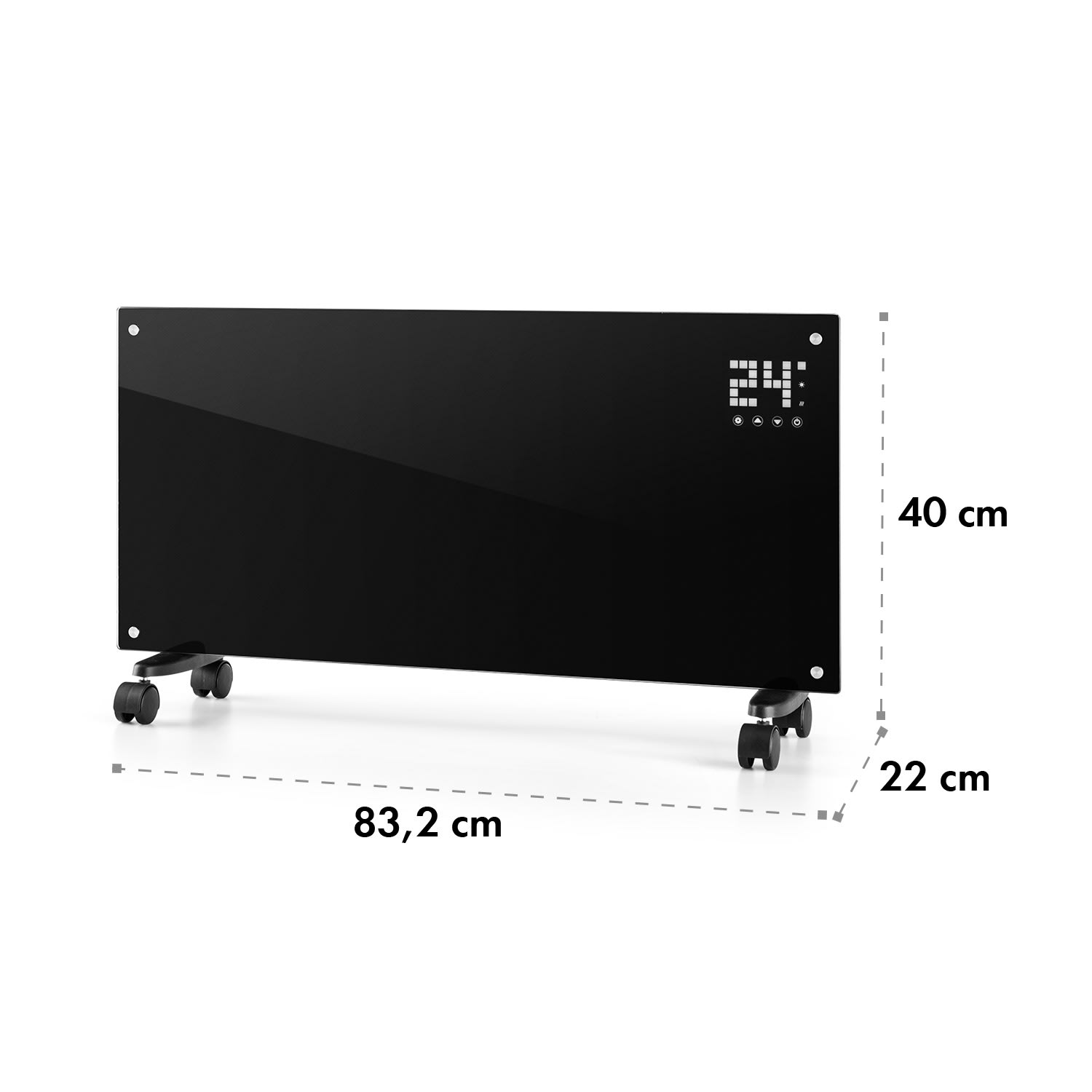 Un calefactor eléctrico negro sobre ruedas, con una pantalla digital que muestra 24, sobre fondo blanco.
