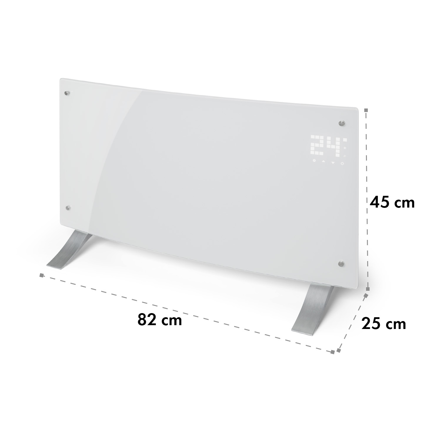 Un calefactor eléctrico blanco, curvado con patas plateadas, con una pantalla digital que muestra 24, sobre blanco.