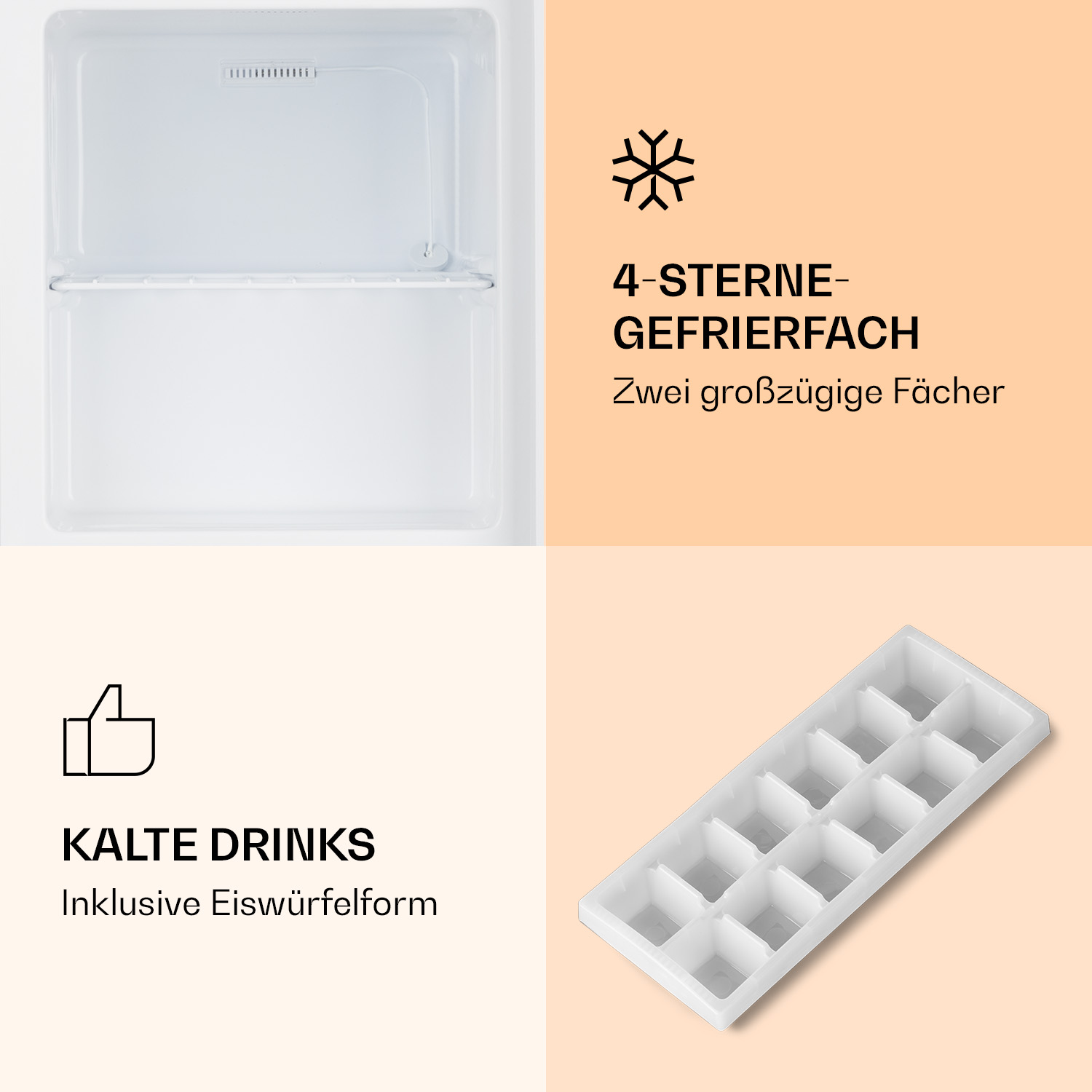 Ein Gefrierfach mit Eiswürfelschalen und einem Daumen hoch-Symbol.