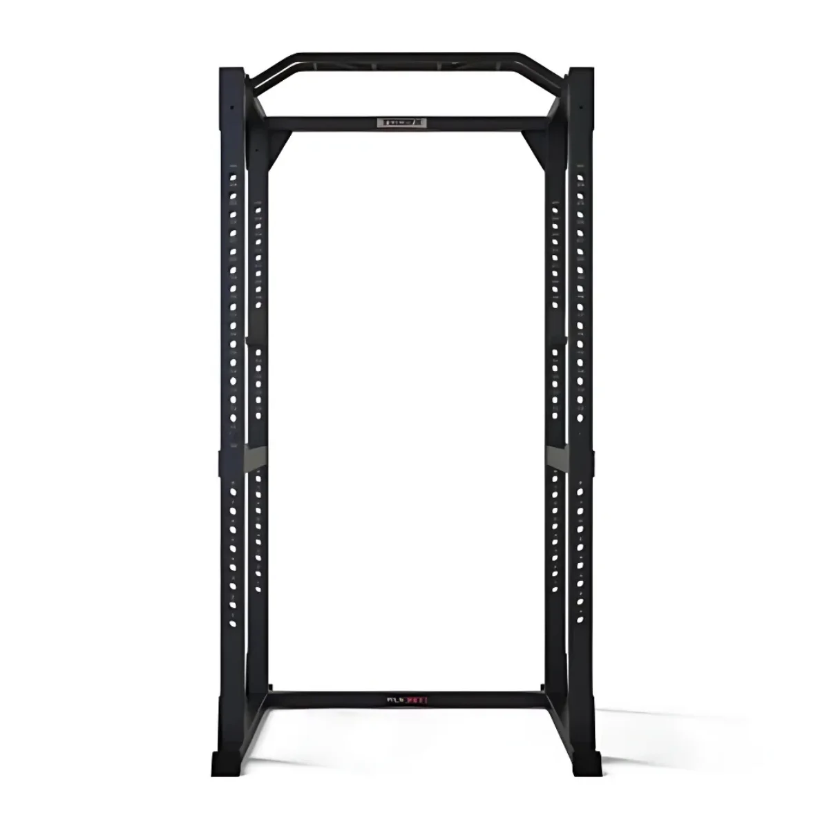 A black power rack for weightlifting, with multiple holes for adjusting the bar height.