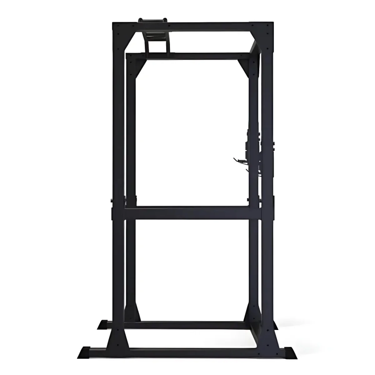 A black weightlifting power rack on a white background.