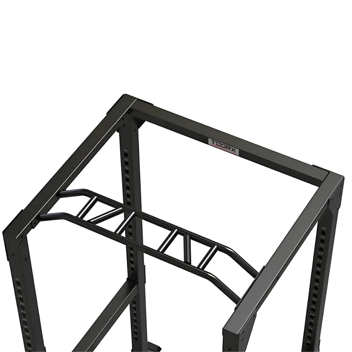 Metal weightlifting rack with pull-up bar. Black frame, horizontal bars for pull-ups visible.