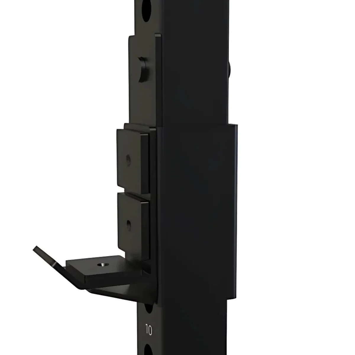 Black weight rack with a hook, and support blocks. The background is white. Close up shot.